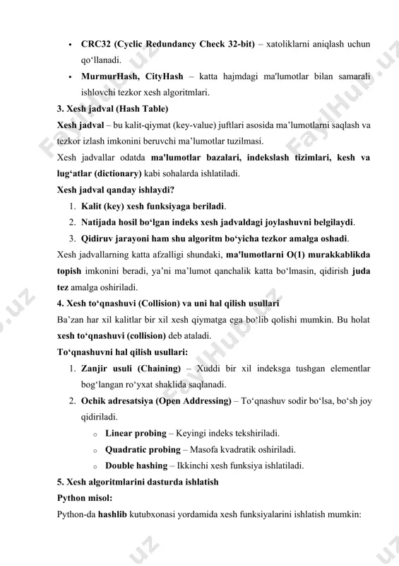 atiladi. 5. digital imzo – elektron hujjatlarning haqiqiyligini tasdiqlash uchun. xulosa · xesh funksiyalari – katta hajmdagi ma'lumotlarni ixchamlashtirish uchun ishlatiladi. · xesh jadval – ma'lumotlarni tezkor saqlash va qidirish imkonini beradi. · xesh to‘qnashuvlari – muammoli holatlar bo‘lib, ularni hal qilish uchun maxsus usullar mavjud. · kriptografik xesh funksiyalari – ma'lumotlarning xavfsizligini ta’minlash uchun qo‘llaniladi. xesh algoritmlari kriptografiya, ma'lumotlar bazalari, kesh tizimlari, raqamli imzo va fayl tekshirish kabi ko‘plab sohalarda ishlatiladi. heshlashga doir misollar 1. kitob kutubxonasi va indeks raqami kutubxonaga borsangiz, kitoblar alifbo yoki mavzuga ko‘ra tartiblangan bo‘ladi. har bir kitobning katalogda o‘ziga xos indeks raqami bor. agar siz kitob nomini bilsangiz, uning indeks raqami orqali joylashgan joyini topishingiz mumkin. xesh funksiyasi ham shunday ishlaydi – katta hajmdagi ma’lumotlarni ixcham raqamga (xesh qiymatiga) o‘zgartiradi va qidiruv jarayonini tezlashtiradi. 2. do‘kondagi mahsulotlar va shtrix-kod har bir mahsulot shtrix-kodga ega. kassada mahsulot nomi yoki narxini emas, balki shtrix-kodni skaner qilinadi …