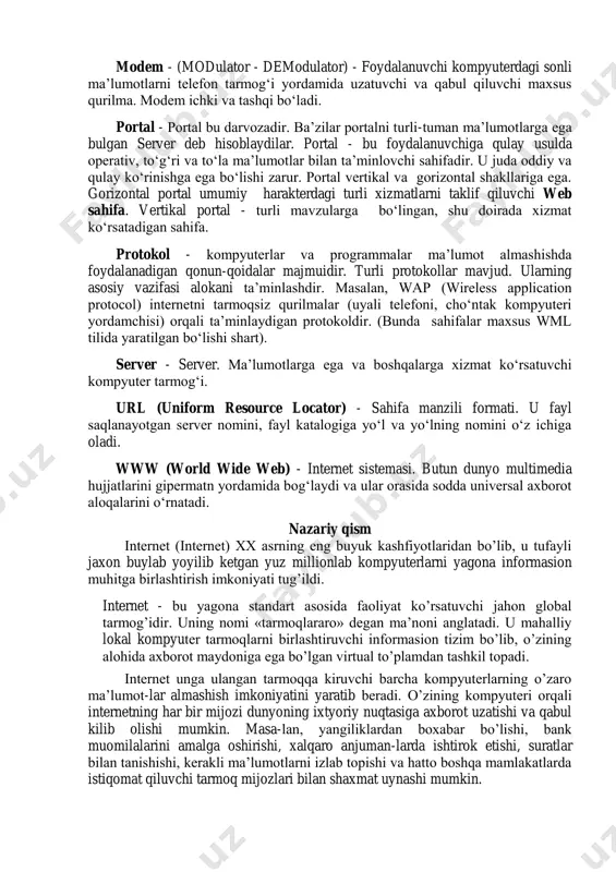 o’zining kompyuteri orqali internetning har bir mijozi dunyoning ixtyoriy nuqtasiga axborot uzatishi va qabul kilib olishi mumkin. masa-lan, yangiliklardan boxabar bo’lishi, bank muomilalarini amalga oshirishi, xalqaro anjuman-larda ishtirok etishi, suratlar bilan tanishishi, kerakli ma’lumotlarni izlab topishi va hatto boshqa mamlakatlarda istiqomat qiluvchi tarmoq mijozlari bilan shaxmat uynashi mumkin. internet tarmog’ining asosiy tashkil etuvchilari bu shaxsiy kompyuterlar va ularni o’zaro bog’lovchi lokal tarmoqlardir. kompyuterni imkoniyatlarini kengaytirish maqsadida mikrofon, videokamera, audiokolonka va boshqa qo’shimcha qurilmalar ulanishi mumkin. aloqa kanallari sifatida telefon tarmog’i, kabelli kanallar, radio va kosmos aloqa tizimlaridan foydalanish mumkin. internet alohida kompyuterlar o’rtasida aloqa o’rnatibgina qolmay, balki kompyuterlar guruhini o’zaro birlashtirish imkonini ham beradi. agar biron-bir mahalliy tarmoq bevosita internetga ulangan bo’lsa, u holda mazkur tarmoqning har bir ishchi stansiyasi internetga ulanishi mumkin. shuningdek internetga mustaqil ravishda ulangan kompyuterlar ham mavjud. ular xost kompyuterlar (host-rahbar) deb ataladi. tarmoqqa ulangan har bir kompyuter o’z adresiga ega va uning yordamida jahonning istalgan …