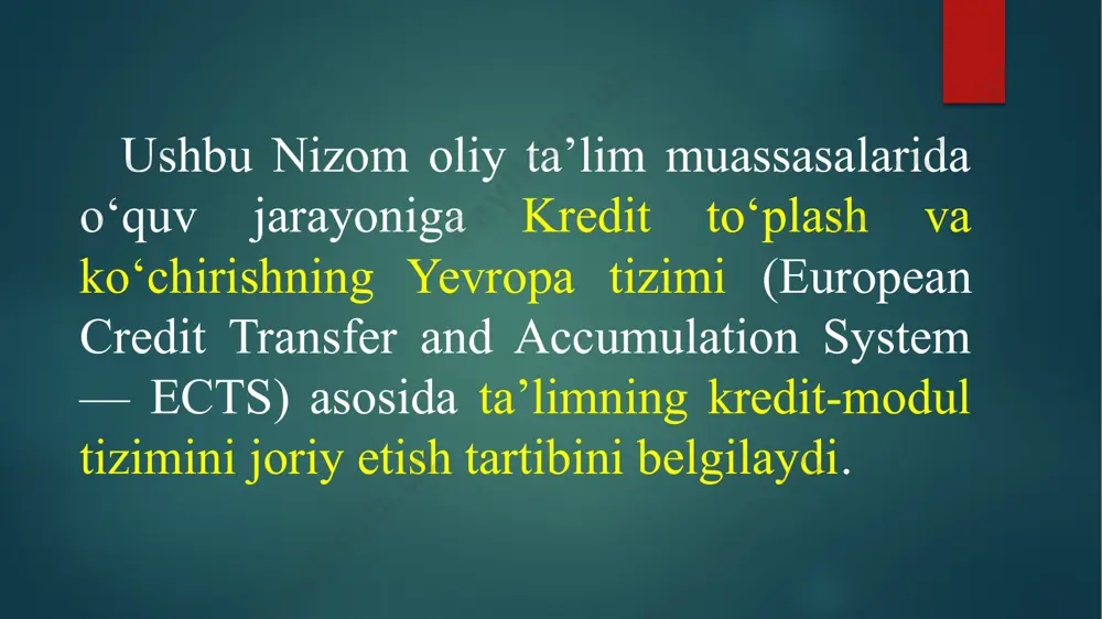 a taqdim etiladigan kredit birliklarini to‘plash; talabaning shaxsiy ta’lim trayektoriyasi — talaba tomonidan tanlangan hamda unga ketma-ketlikda bilimlar to‘plash va xohlagan kompetensiyalar yig‘indisiga ega bo‘lish imkoniyatini beradigan yo‘nalish (marshrut). ta’lim trayektoriyasi institutsional hujjatlar va yo‘riqnomalar yordamida tuzilishi hamda turli ta’lim trayektoriyalari natijada bir xil malaka olishga olib kelishi mumkin; ta’lim dasturi — bakalavriat ta’lim yo‘nalishi yoki magistratura mutaxassisligi bo‘yicha o‘quv jarayonini amalga oshirishga mo‘ljallangan ta’limning asosiy xususiyatlari (hajmi, mazmuni, rejalashtirilgan natijalar), tashkiliy-pedagogik shart-sharoitlar, fan dasturlariga quyilgan umumiy talablar, shuningdek, ta’limni tashkil etish va amalga oshirish uchun zarur bo‘lgan axborot-resurs va o‘quv-metodik ko‘rsatmalar majmui; ta’lim dasturi katalogi — oliy ta’lim muassasasi tavsifi, kredit-modul tizimiga kirish, mavjud bakalavriat ta’lim yo‘nalishlari va magistratura mutaxassisliklari, xizmatlar va resurslar, o‘quv fanlari dasturlari, aniq ta’lim dasturlari elementlari tavsifi to‘g‘risidagi axborot; ta’lim natijalari — talaba tomonidan o‘zlashtirilgan va baho bilan tasdiqlangan malaka darajasini aks ettiradigan, ta’lim jarayonini muvaffaqiyatli tugallagach talaba o‘zlashtirgan ko‘nikmalar va ularni amalda bajarish qobiliyatining …