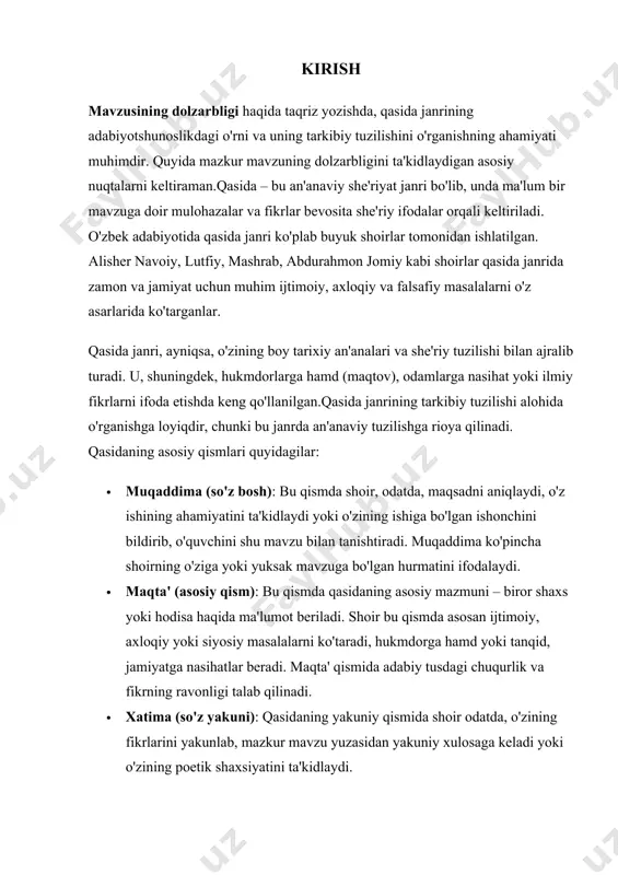 arishlarni chuqur o‘rganishdir. kurs ishida qasida janrining o‘zbek she’riyatida qanday rivojlanishi va uning o‘ziga xos shakllari haqida ma'lumot berish ko‘zda tutilgan. vazifalar 1. qasida janrining tarixiy rivojlanishini o‘rganish – qasida janrining arab she’riyatidagi paydo bo‘lishi, uning rivojlanish bosqichlari va o‘zbek she’riyatiga qanday kirib kelgani haqidagi tarixiy ma'lumotlarni o‘rganish. 2. qasida janrining tarkibiy tuzilishini tahlil qilish – qasidaning tarkibiy qismlari (muqaddima, maqsad, zikir, xatim) va ularning badiiy va estetik ahamiyatini o‘rganish. 3. qasidaning o‘zbek she’riyatidagi rivojlanishini o‘rganish – o‘zbek she’riyatida qasida janrining qanday shakllanganini, uni yaratgan ijodkorlar va ularning asarlarini tahlil qilish. 4. qasida janrining o‘ziga xos xususiyatlarini aniqlash – qasidaning mazmuniy jihatlari, uning ma'naviy va badiiy qadriyatlari, shuningdek, shakli va uslubi haqida ma'lumot berish. 5. qasidaning bugungi zamon she’riyatidagi o‘rni – qasida janrining bugungi o‘zbek she’riyatidagi o‘rni va uning zamonaviy shoirlar tomonidan qanday davom ettirilishini o‘rganish. obyekt qasida janri va uning tarkibiy tuzilishi. bu o‘z ichiga qasidaning ma'naviy va estetik …