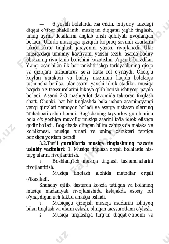 tayyorlov guruhlarida bola o'z yoshiga muvofiq musiqa asarini to'la idrok etishga qodir bo'ladi. bog'chada olingan bilim zahirasida malaka va ko'nikmasi. musiqa turlari va uning xarakteri farqiga borishga yordam beradi 3.2.turli guruhlarda musiqa tinglashning nazariy uslubiy vazifalari: 1. musiqa tinglash orqali bolalarda his- tuyg'ularini rivojlantirish. 1. boshlang'ich musiqa tinglash tushunchalarini rivojlantirish. 2. musiqa tinglash alohida metodlar orqali o'tkaziladi. shunday qilib. dasturda ko'zda tutilgan va bolaning musiqa madaniyati rivojlanishida kelajakda asosiy rol o'ynaydigan uch faktor amalga oshadi. 1. musiqaga qiziqish musiqa asarlarini ishtiyoq bilan tinglash va ularni eslash, olingan taassurotlami o'ylash. 2. musiqa tinglashga turg'un diqqat-e'tibomi va tinglash madaniyati boshlang'ich elementlariningshakllanishi. 3. musiqiy didining shakllanishi. musiqa asarlariga badiiy baho bera olish. maktabgacha yoshidagi bolalarga musiqa tinglashi muhim vazifalardan biri hisoblanadi. bolalarga ular uchun tushunarli bo'lgan. ayniqsa. milliy musiqalardan ko'proq eshittirish qobiliyatini. musiqiy obrazni farqlay olishni. asardagi his- tuyg'ulami sezishni rivojlantiradi. myob ga musiqa madaniyatining elementar asosini singdirishda bolalaming yoshini alohida nazarda tutish …