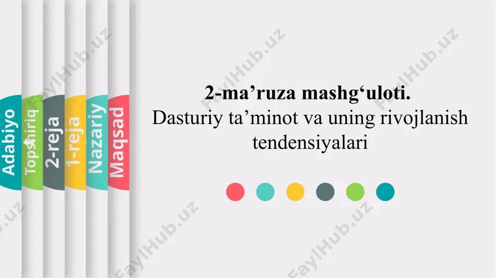 hi interfeysiga ega bo‘lgan dasturiy ta’minotdir. amaliy dasturiy ta’minot kompyuterning apparat ta’minoti bilan bevosita o‘zaro aloqa qilmaydi. masalan, bunga matn prosessorni, grafik muharirlari, elektron jadvallar, buxgalteriya dasturlari kabi foydalanuvchi topshiriqlarini kirituvchilarni keltirish mumkin. tizimli va amaliy dasturiy ta’minot farqlari tizimli amaliy uskunaviy dasturiy ta’minot uskunaviy dasturiy ta’minot – yuqori darajali dasturlash tillari bo‘lib, ular dasturiy ta’minotlar, shu jumladan tizimli, amaliy va oraliq dasturiy ta’minotlar ishlab chiqishga mo‘ljallangan. uskunaviy dasturiy ta’minotga, yangi dasturlar yaratish uchun qo‘llaniladigan intrumental vositalar mansub bo‘ladi. masalan, c++, c#, visual basic, delphi va boshqalar. 3. uskunaviy dasturiy ta’minot maqsad nazariy 1-reja 2-reja topshiriq adabiyot nazorat uchun savol va topshiriqlar: dasturiy ta’minot deb nimaga aytiladi? dastur nima? dasturiy ta’minot turlarini sanab bering. tizimli dasturiy ta’minot deb nimaga aytiladi? amaliy dasturiy ta’minot deb nimaga aytiladi? tizimli va amaliy dasturiy ta’minoti farqlari? uskunaviy dasturiy ta’minoti qanaqa dasturlarni o‘z ichiga oladi? maqsad nazariy 1-reja 2-reja topshiriq adabiyot adabiyotlar: aripov m., begalov …