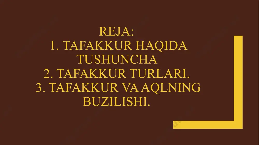 yo‘q. ma’lumki, miya shikastlanganda va unda kasallik jarayonlari sodir bo‘lganda fikrlash buziladi, miya chala rivojlanganda to‘laqonli fikrlash yuz bermaydi. tafakkuming buzilishi nafaqat asab va ruhiy kasalliklarda, balki somatik kasalliklarda ham uchraydi. bosh miyadagi integrativ faoliyatni buzuvchi har qanday kasallik fikrlashning buzilishiga olib keladi. tafakkur buzilishi tezligi, izchilligi (sifati), mantiq va samara- dorligi bo‘yicha 4 turga ajratiladi: 1. tezligi bo‘yicha: a) fikrlar tezlashuvi; b) fikrlar sekinlashuvi; d) fikrlash jarayonining to'xtab qolishi; e) mentizm. 2. izchilligi bo‘yicha: a) fikrlar tarqoqligi; b) so‘zlaming bog'lanmasligi; d) bo‘g‘inlar o‘rtasida bog‘lanish yo‘qligi (inkogerensiya); e) so‘zlami bir xilda takrorlayverish (verbigerensiya); f) xulosalaming mantiqqa zid ravishda qurilishi (paralogik tafakkur). demensiya - tafakkur buzilishining orttirilgan turi. uning asosiy sabablari ateroskleroz, alsxaymer kasalligi, og‘ir ensefalopatiyalar, xuruj bilan kechuvchi xafaqon kasalligi, lakunar insultlar. bu bemorlaming fikrlash doirasi o‘ta tor bo'ladi, axloqi, xotirasi, o‘z holatiga tanqidiy qarashi keskin buziladi. /docprops/thumbnail.jpeg