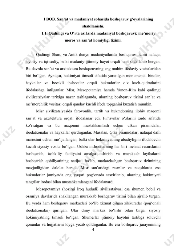 davrda boshqaruv shakllari xilma-xilligi bilan ajralib turgan bo‘lsa-da, san’at asarlarida inson, erkinlik, estetik mukammallik asosiy mavzuga aylangan. afina shahridagi parfenon ibodatxonasi – yunon jamiyatining diniy e’tiqodini, me’morchilikdagi mukammallikni va siyosiy qudratni birlashtirgan inshoot sifatida tarixda o‘z o‘rniga ega. yunon san’atida inson qiyofasi orqali ruhiy va jismoniy go‘zallik ifodalangan bo‘lib, bu bevosita boshqaruvdagi insonparvarlik tamoyillarining san’atga ko‘chgan shaklidir. shuningdek, amfiteatrlar, haykaltaroshlik san’ati va devoriy bezaklarda ham ijtimoiy-siyosiy hayotning qamrovi keng tasvirlangan. rim imperiyasi esa san’at va arxitekturada hokimiyat va buyuklik tamoyillarini yanada kuchliroq ifodalagan. rim me’morchiligi – hukmronlik hududini boshqarish va uyg‘unlashtirish vositasi sifatida shakllangan. ulkan yo‘llar, suv quvurlari (akveduklar), forumlar va kolizey kabi jamoat inshootlari davlatning kuchi va tashkilotchilik salohiyatini ifodalagan. rim haykaltaroshligi va devoriy suratlarda esa imperatorlarning jasoratli, donishmand va ilohiy shaxslar sifatida tasvirlanishi boshqaruv mafkurasining san’at orqali ifodalanishiga yorqin misoldir, qadimgi sharq va antik dunyo madaniyatlarida san’at va me’morchilik nafaqat estetik go‘zallik yoki diniy ramzlar vositasi bo‘lib xizmat …