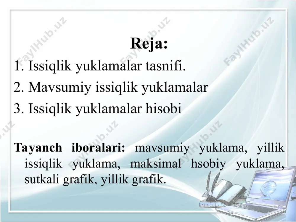 davomidagi iqlim xususiyatlariga bog’liq bo’lgan, issiqlikning yillik sarfi ancha o’zgaradi; 3) kecha – kunduz davomida issiqlik yuklama sarfini o’zgarishi sezilmaydigan bo’ladi; 4) ventilyasiyaga sarflanadigan issiqlik sarfi smenasiga va korxona rejimlariga bog’liq bo’lib, kecha – kunduz davomida turlicha bo’ladi. isitish davrining davomiyligi tashqi havoning harorati barqaror +8 ºс qiymatga ega bo’lgan kunlar soni (taxminan 5 kun) ga qarab belgilanadi. qi.u. = q0v(tich – tтаsh) , kjoul/soat yoki vt (4.5) qvеn. = qvеnv(tich – tтаsh) ; (4.6) tich–xona ichidagi havoning harorati, ºс; qvеn – ventilyasion isitish uchun berilayotgan issiqlikning solishtirma sarfi, kjoul/m3·soat·grad; ttash – tashqi havoning hisobiy harorati, ºс;v – binoning hajmi, m3. quyidan yuqoriga bosqichma-bosqich bo‘ysunib boradigan “qanday?” diagrammasi e’tiboringiz uchun raxmat!!!