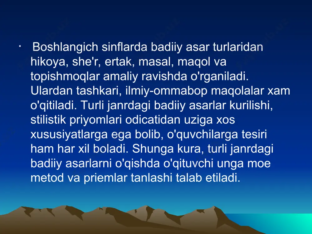 «biror hayotiy voqеa-hodisa ta'sirida insonda tug`ilgan ruhiy kechinma, fikr va tuyg`ular orqali turmushni aks ettiradi». lirik she'rning xususiyati «kishilarning his-tuyg`uga to`la hayajonli nutqini ta'sirliroq ifodalashga qo`l kеladi». bunda «ohaigdorlik va musiqiylikni vujudga kеladi shе'r ustida ishlash darsarida asosiy ish turi ifodali o`qish sanaladi. o`quvchi shеrning asosin (g`yaviy) mazmunini tushunsagina, uniifodali o`qiy oladi. shunnng uchun shеrni tahlil qilib, uning mazmunini o`quvchiarda muayyan darajada idrok etilishini ta'minlash zarur. * boshlang`ich sinflarda hikoya ustida ishlashda quyidagi tamoyillarga amal qilinadi: 1. hikoya bilan tanishtirish uning syujstini tushuntirishga bog`lab olib boriladi. 2. hikoya mazmunini ochish, lug`at ustida ishlash, o`qilgan matn mazmunini qayta hikoyalash asosiy ish turi hisoblanadi. 3. matn ustida ishlashda ma'nosi murakkab so`zlar, turli iboralar, ma'lumotlar, atamalar izohlab bеriladi. 4. hikoya mazmuni mantiqiy jihatdan o`quvchnlar bilan birgalikda tahlil qilib boriladi. 5. hikoya g`oyasi ochib bsriladi. 6. asar qurilishi va tili tahlil qilinadi . ilmiy-ommabop asarlarni o'qitish boshlang'ich sinflarda ilmiy-ommabop asarlarni o'qitishdan asosiy maqsad bolalarga …