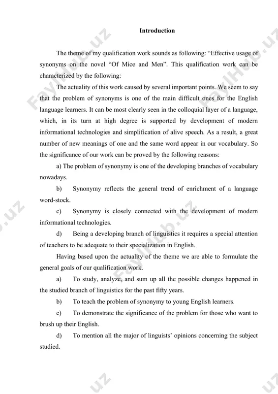 troductory part: the first item tells about the general content of the work while the other gives us the general explanation of the lexicological phenomenon of shortening in a language. the main part bears the seven points in itself. the first point explains the general definition of synonyms and their classification. in the second item of the main part we give the notion of changeability and how the meanings can be substituted in a language. the third item tells some semantic peculiarities of synonyms and their functional relationship in the fourth item we tale into consideration the peculiar distributional features of synonyms. the fifth paragraph takes into consideration the question of peculiar features of semantic combinability of synonyms. the sixth item shows us the link of synonymy with collocational meaning. the last paragraph of the main part analyzes the notion of conceptual synonymy on the novel of “mice and men” …