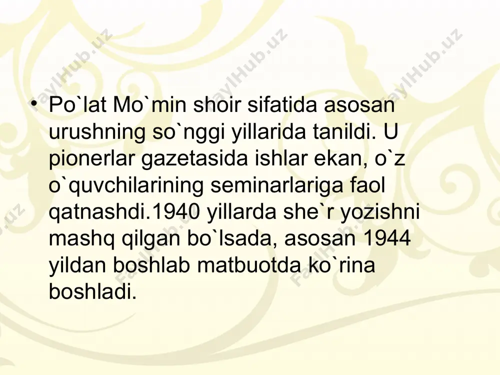 na komsomollar, na kommunistlar o‘z saflariga qabul qilishmagan. yana bir sababi, ularning safini «bulg‘atgani» o‘zimda ham ishtiyoq yo‘q edi. shu tufayli marhum otam 1956 yili oqlanganlaridan keyin ham baribir partiyasiga kirmadim. maktabni tugallab ilgarigi o‘rta osiyo, hozirgi o‘zbekiston milliy universitetining sharq fakulteti eron-afg‘on bo‘limiga o‘qishga kirdim. uni bitirgach, «sharq yulduzi», «g‘uncha» jurnallari, «o‘zbekiston madaniyati» gazeta tahririyatida, so‘ng o‘zbekiston radiosining adabiyot bo‘limida ishladim. 1967 yili «o‘zbekfilm» kinostudiyasiga taklif etildim. bir yildan so‘ng meni moskvaga, ikki yillik ssenaristlar oliy kursiga o‘qishga jo‘natishdi. qaytib kelgach, 1970 yildan to 1999 yilgacha ish joyim kino sohasida bo‘ldi, dastlab kinostudiyada muharrir, so‘ng bosh muharrir, keyinchalik «o‘zbekkino» dakda boshqarma boshlig‘i lavozimlarida ishladim. ijodimni bolalarga hikoya yozishdan boshlaganman. «daradagi qishloqda» degan birinchi hikoyam 1956 yili «sharq yulduzi» jurnalida bosilib chiqdi. birinchi hikoyalar to‘plamim ham shu nomda 1959 yili chop etildi. shundan buyon bolalarga 60 dan ziyod hikoya, uchta qissa yozdim, 15 tadan ortiq kitob nashr ettirdim. ulardan «orzuga …