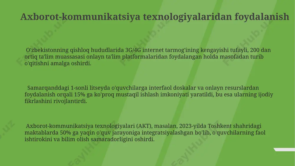 ki, o'quvchilarning 70%i guruhdagi muloqot orqali murakkab matematik masalalarni 2 barobar tezroq yecha olishgan. andijon shahridagi 12-litseyda qo'llanilgan "fikrlar almashinuvi" texnikasi, 20 nafar o'quvchidan 18 tasida ijodiy fikrlash qobiliyatini 30% ga oshirdi. o'zbekistonning 3 ta viloyatida o'tkazilgan tadqiqotlar shuni tasdiqladiki, hamkorlikda bajarilgan loyihalar individual topshiriqlarga nisbatan 1.5 marta yuqori natijalarga olib keladi. e'tiboringiz uchun rahmat @taqdimot_robot