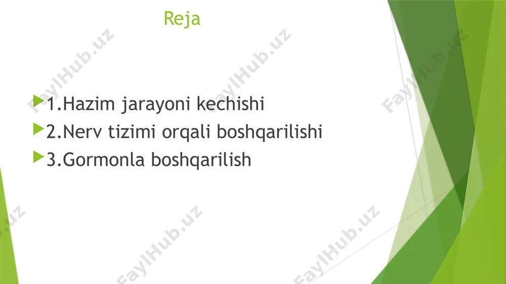 qiladi. sekretin: o‘n ikki barmoq ichakda sekretsiya jarayonlarini boshqaradi, oshqozon osti bezi va jigar tomonidan sekretsiya qilinadigan suyuqliklarni ta’sir qiladi. somatostatin: oshqozon va o‘n ikki barmoq ichakda gastrin va boshqa gormonlarning sekretsiyasini kamaytiradi. shilliq qavat va himoya tizimi shilliq qavatning himoya vazifasi: shilliq qavat ovqat hazm qilish jarayonida oshqozon kislotalari va fermentlardan himoya qilish uchun maxsus tuzilgan. oshqozon shilliq qavati bu jarayonni boshqarish uchun mukus ishlab chiqaradi, bu esa uning eroziyadan saqlanishini ta'minlaydi. hazm jarayonining patologik holatlari hazm tizimi kasalliklari: hazm tizimi bo‘shashishi, oshqozon yara kasalliklari, ichak sindromi va boshqa kasalliklar hazm jarayonini to‘xtatishi yoki buzishi mumkin. bu holatlar nerv tizimi va gormonlarning to‘g‘ri ishlashiga ta'sir qilishi mumkin. e’tiboringiz uchun raxmat!!! image1.png image2.jpeg image3.jpeg /docprops/thumbnail.jpeg