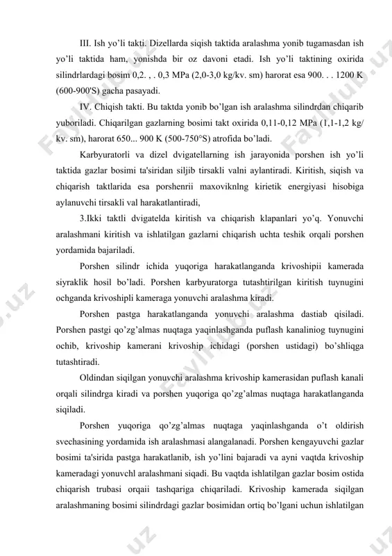 lgani uchun ishlatilgan gazlar puflab chiqariladi va silindr aralashina bilan to’ldiriladi so’ngra porshen yu. ch. n ga harakat etib jarayon takrorlanadi. 4. bir silindrli dvigatel katta quvvat hosil qilmaydi. bunda katta quvvat hosil etish uchun siiindr diametrini oshirish, muvozanatlashtirish mexanizmi o’rnatilishi zarur. yuqorida qayd qilingan kamchiliklari tufayli 1 silindrli dvigatellar juda kam qo’llaniladi. silindrlar sooi ko’payishi bilan dvigatei barqaror va puxta ishlaydi. shu sababli zamonaviy traktor va avtomobillarga 4, 6, 8 va 12 silindrli dvigatellar o’rnatiladi. ko’p silindrli dvigatelning ravon ishlashi uchun bir turli takt uning bir necha silindrlarida bir vaqtda takrorlanmasligi va ish yo'!i takti ma'lum vaqtdan keyin muntazam takrorlanishi kerak. dvigatelning turli silindrlarida bir xil taktning takrorianish tartibi dvigatelning ish tartibi deb ataladi. bir silindrli dvigatelda (dt-20) tirsakli val yarim oborot aylanganda ish yo’li hosii bo’lsa, qolgan 1,5 marta aylanganda dvigatei maxovik energiyasi hisobiga va muvozanatiovchi mexanizmlar yordamida aylanadi. dvigatelning ishlash tartibi 1-0-0-0 bo’ladi. 2 silindrli dvigatellar t-25a …