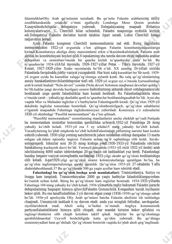 chiqildi. bu deklaratsiya falastinda yahudiylardavlatini barpo etishga qaratilgan sionistlar tashkilotining ko’p yillik harakatlariningnazariy natijasi bo’lib, deklaratsiya mazmuni 1917-yil 2-noyabrda b.britaniya tashqiishlar vaziri artur jeyms balfur tomonidan britaniya sionistlar federatsiyasining vitse-prezidenti lionel uolter rodshild nomiga yozilgan maktubida bayon etilganedi. unga ko’ra falastinda “yahudiy milliy o’choqlari” tashkil etilishi kerak edi. ma’lumki, angliya birinchi jahon urushiga qadar qudratli davlatlar orasidasionistlar harakatiga, umuman olganda, do’stona munosabatda bo’lgan. boshqatomondan, angliya fransiya va aqsh kabi raqiblariga nisbatan yaqin sharqdagimavqeini mustahkamlab olish payida edi. angliya falastinga o’rnashib olish vaboshqa strategik maqsadlarini ko’zlab sionistlar tashkiloti bilan munosabatlariniijobiylashtirishga harakat qildi. shu maqsadda angliya hukumati sionistlar tashkilotibilan muzokaralar olib borishga harakat qildi. angliya hukumati tomonidan sayks,sionistlar tomonidan veysman vakil etib tayinlandi. muzokaralar 1917-yilning 17- fevralida londonda boshlanadi. muzokaralar natijasida agar yahudiylarning milliymaqsadi (britaniya falastinni yahudiy xalqi uchun milliy uy sifatida tan olish)sionistlar falastinda buyuk britaniya hokimiyatining o’rnatilishiga bor kuchlarini sarflashga tayyorligini bildiradilar. 1917-yilning iyulida inglizlar va siyonistlar bo’lg’usi deklaratsiyaning asosiy …