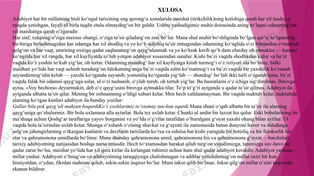 andin bir lazzat his qulur. eski bobolarining bir ma’shuqa uchun qoshg‘ar taraflariga yayov borganini va yo‘lda o‘g‘rilar tarafidan o‘lturulgani g‘oyat yaxshi ohang bilan aytilur. ul vaqtda bola ta’sirindan uxlab ketar. shunga o‘xshash o‘zining shavkat va g‘ayrati ila zamonasida butun dunyoni havor va dahshatga solg‘on jahongirlarning o‘tkazgan kunlarin va davrlarin tarixlarda ko‘rsa va eshitsa har kishi yuragida bir botirliq va bir fidokorlik his etar va qahramonona umidlarda bo‘linur. mana shunday qahramonona umid, qahramonona his va qahramonona g‘ayrat —barchalari tarixiy adabiyotning natijasidan boshqa narsa emasdir. hech to‘xtamasdan harakat qilub turg‘on vujudimizga, tanimizga suv-havo ne qadar zarur bo‘lsa, maishat yo‘lida har xil qora kirlar ila kirlangan ruhimiz uchun ham shul qadar adabiyot kerakdir. adabiyot yashasa — millat yashar. adabiyoti o‘lmag‘on va adabiyotining taraqqiysiga chalishmagan va adiblar yetishdirmag‘on millat oxiri bir kun hissiyotdan, o‘ydan, fikrdan mahrum qolub, sekin-sekin inqiroz bo‘lur. muni inkor qilib bo‘lmas. inkor qilg‘on millat o‘zini inqirozda ekanun bildirur. xulosa abdulhamid choʻlpon. …