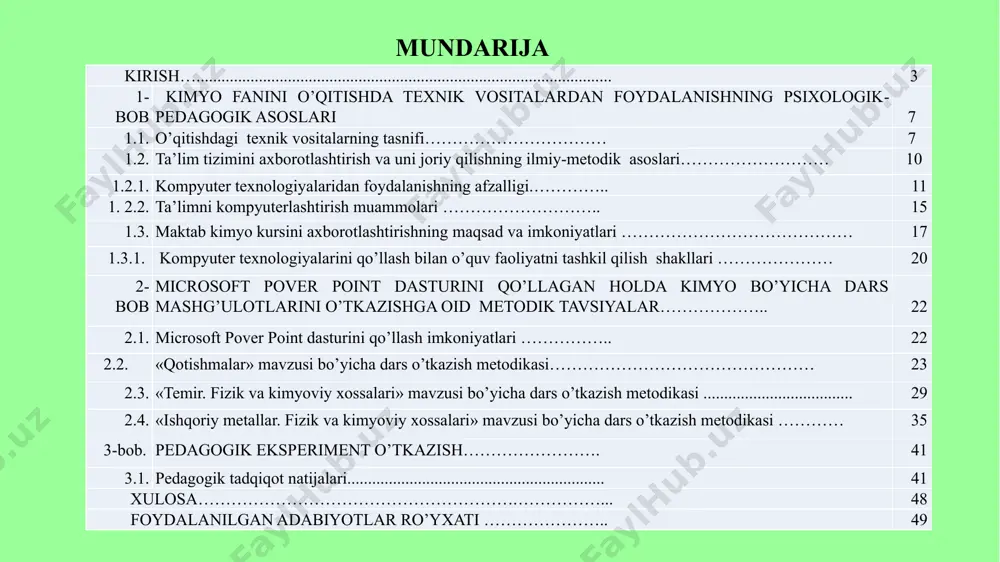 iy g’amxo’rligi tufayli ta’lim-tarbiya ishlarining bugungi qiyofasi tubdan o’zgardi. u mustaqillikka erishib, taraqqiyot yo’lidan dadil borayotgan mamlakatimiz ruhini, g’oyalari va intilishlarini o’zida aks ettirgan ta’lim tizimiga aylanmoqda. eng asosiysi, mamlakatimizda ta’limning hali jahon amaliyotida kam uchraydigan betakror milliy modeli yaratildi [1]. ta’lim va tarbiya, ilm-fan, sog‘liqni saqlash, madaniyat va san’at, sportni rivojlantirish masalalari, yoshlarimizning chuqur bilimga ega bo‘lishi, chet tillarini va zamonaviy axborot-kommunikatsiya texnologiyalarini puxta egallashini ta’minlash doimiy ustuvor vazifamiz bo‘lib qoladi. jamiyatimizda korrupsiya, turli jinoyatlarni sodir etish va boshqa xuquqbuzarlik holatlariga qarshi kurashish, ularga yo‘l qo‘ymaslik, jinoyatga jazo albatta muqarrar ekani to‘g‘risidagi qonun talablarini amalda ta’minlash bo‘yicha qat’iy choralar ko‘rishimiz zarur. ... shu maqsadda hukumatning, tegishli vazirlik va idoralar hamda butun ta’lim tizimining, xurmatli domlalarimiz va professor-o‘qituvchilarning eng muxim vazifasi – yosh avlodga puxta ta’lim berish, ularni jismoniy va ma’naviy etuk insonlar etib tarbiyalashdan iboratdir. ta’lim to’g’risidagi va ―kadrlar tayyorlash milliy dasturi to’g’risida o’zbekiston respublikasi qonunlariga, 2017-2021- yillarga mo’ljallangan …