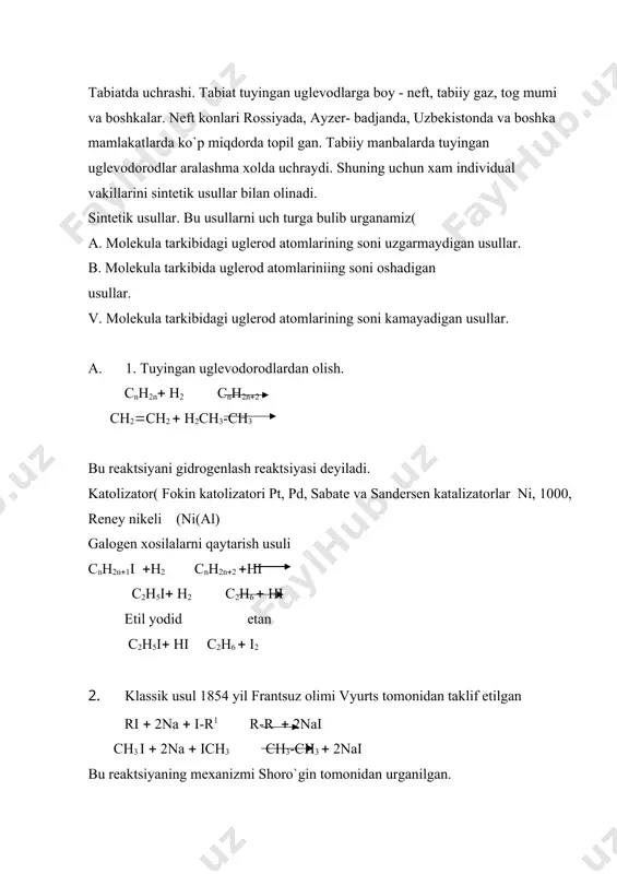 lar ni, 1000, rеnеy nikеli (ni(al) galogеn xosilalarni qaytarish usuli сnн2n(1i (н2 cnн2n(2 (нi с2н5i( н2 c2н6 ( нi etil yodid etan с2н5i( нi c2н6 ( i2 2. klassik usul 1854 yil frantsuz olimi vyurts tomonidan taklif etilgan ri ( 2na ( i-r1 r-r ( 2nai cн3 i ( 2na ( icн3 cн3-cн3 ( 2nai bu rеaktsiyaning mеxanizmi shoro`gin tomonidan urganilgan. 2cн3 i ( 2na cн3-cн3 ( 2nai agar galogеn xosilalarning radikallari xar - xil bo`lsa, qushimcha maxsulotlar xosil buladi. ri ( 2na ( ir(r-r(( 2nai ri ( 2na ( ir r-r ( 2nai r(i ( 2na ( ir(r(-r(( 2nai usulining noqulayligi rеaktsiya natijasida aralashma xosil bulishidadir. bu usul yordamida xoxlagan uglеvodorodlarni sintеzlash, tuyingan uglеvodorodning tuzilishini aniqlash mumkin. vyurts rеaktsiyasi uchun ilk galogеn xosilalarni tanlash: cн3-cн2-cн3 dеmak, cн3i ( 2na ( i-cн2-cн3( cн3-cн2-cн3 ( 2nai qushimcha maxsulotlarni talabalar mustakil xosil qilishadi. 3. organik karbon kislotalardan cн3-с ( осо2 (cн4 rеaktsiya …