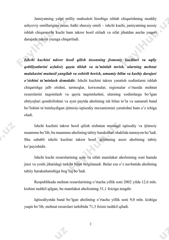 ga olgan holda uy-joy sharoitlarini yaxshilash, bolalarga nafaqalar berish, bolalar muassasalari bilan ta’minlash, homiladorlik va bola tug’ilgandan keyingi ta’tillarni uzaytirish, oilani mustahkamlash, shuningdek, jamoada ma’naviy muhitni yaxshilash kiradi. ishchi kuchini takror hosil qilish, ularning to’la va samarali ish bilan band bo’lish muammosini ham o’z ichiga oladi. ish bilan to’la band bo’lishni mutloq ma’noda tushunmaslik kerak. birinchidan, ishsizlikning ma’lum darajasi iqtisodiyot uchun me’yordagi hol hisoblanadi. boshqa tomondan ish bilan to’la band bo’lish mehnatga layoqatli barcha kishilar, albatta umumlashgan (davlat va jamoa korxonalarida) ishlab chiqarishga jalb etilishi zarurligini anglatmaydi. ularning bir qismi o’zini oilada xizmat ko’rsatishga, bolalar tarbiyasiga shuningdek, xususiy korxonalar va shaxsiy yordamchi xo’jalikda mehnat qilishga, yakka tartibdagi mehnat faoliyati bilan shug’ullanishga bag’ishlashi mumkin. uchinchidan, ish bilan to’la band bo’lish uning samaradorligi bilan, mehnat resurslaridan g’oyat oqilona foydalanish bilan qo’shib olib borilishi kerak. ish bilan samarali band bo’lish mehnat resurslaridan foydalanishning intensiv turiga tayanmog’i kerak. bu vazifani hal qilish ish joylari …