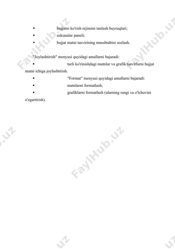 laridan qancha joy qoldirilishi ko'rsatiladi. shu ilovaning "namuna" (образец) qismida tanlangan parametrlarga mos sahifa nusxasi aks ettib turadi. biror parametr o'zgartirilsa, ushbu sahifa nusxasi ham mos ravishda darhol o'zgaradi. sahifa o'lchamlari va xoshiyalar o'rnatilgach, "sahifa parametrlari" muloqat oynasidagi "ok" tugmasi bosiladi (sichqoncha yordamida). shundan so'ng matn parametrlari (shrift turi, shrift o'lchami, abzas chekinishi, satrlar orasidagi masofa) belgilab olinadi. kerakli shriftni tanlash uchun "format" menyusiga kirib, "shrift..." amali bajariladi. ekranda "shrift" muloqat oynasi hosil bo'ladi. "shrift" oynasida berilgan shriftlardan biri tanlanadi. masalan, timesuz. tanlangan shrift nomi shriftlar ro'yxatining yuqorisida joylashgan maxsus darchada aks etadi. "shakl" (начертание) oynasida berilgan shriftning "oddiy", "og'ma", "yarimqalin", "yarimqalin og'ma" ko'rinishlaridan birini tanlaymiz. masalan, "oddiy". "o'lcham" oynasidan shrift o'lchamini tanlaymiz. masalan 12. shrift rangini tanlash uchun "matn rangi" darchasining o'ng tomonidagi tugma (pastga qaragan strelka) bosiladi. ekranda bir qancha rangli kvad-ratchalar hosil bo'ladi. sichqoncha yordamida shu ranglardan biri tanlanadi. masalan, qizil. shrift turi, shakli, o'lchami va rangi …
