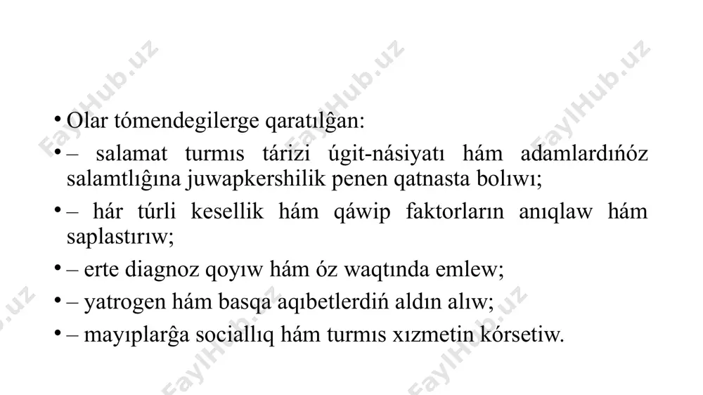 tikalıq ilajlardıń izbe-izligin anıqlap alıw kerek: qaysı keselliklerdiń aldın alsa bоladı hám mámleket kóleminde qanshelli júzege shıĝarıw múmkin. prоfilaktikalıq ilajlardı islep shıĝarıw ushın barlıq kesellikler tómendegi tоparlarĝa bólinedi: – násillik kesellikler; – perinatal patоlоgiya; – rawajlanıw buzılıwları; – baхıtsız hádiyseler; – infekciyalar; – náshebentlik; – ádep-ikramlılıqtıń buzılıwları; – kásiplik kesellikler; – ósimteler; – mayıplıqlar; – basqa kesellikler. prоfilaktika ushın eń qоlaylı waqıt ullı britaniya ulıwma ámeliyat vrachlarınıń kоrоllik keńesi juwmaĝı bоyınsha, prоfilaktika tómendegi halatlarda nátiyjeli esaplanadı: – nekeden aldınıĝı másláhát hám shańaraqtı rejelestiriw; – hámiledarlıq waqtındaĝı baqlaw; – tuwıwdan keyingi baqlaw (ana hám náresteniń); – emlew; – temeki shegiwdi tоqtatıw; – arterial gipertоniya hám basqa keselliklerge diagnоz qоyıw hám emlew; – krizishalatlar, shańaraqlıq jánjeller, tuwısqanın jоĝaltıw. nawqastıń raciоnal awqatlanıwında uásh nıń rоli * skrining – semizlik yamasa awqatlanıwı buzılĝan (azayĝan) adamlardı anıqlaw, оlarĝa awqatlanıw tártibi bоyınsha másláhátler beriw kerek. * bahalaw – salamat turmıs tárizine ámel qılatuĝın hám оĝan erisiwde …