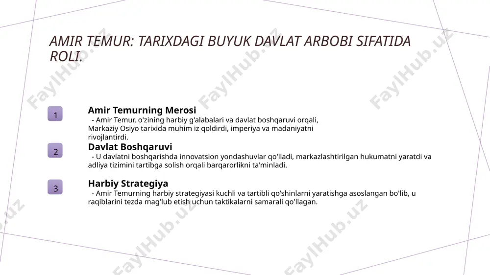 ur harbiy taktikalarni mukammal o'rgangan. u janglarda tezkorlik va manevrlarni qo'llab, dushmanlarni kutilmagan joydan hujumga o'tkazgan. 2 jangovar strategiya amir temur jangovar strategiyalarda raqiblarining zaif joylarini aniqlab, ularni to'g'ri vaqt va joyda zarba berishga intilgan. bu, uning g'alabalarini ta'minlagan. 3 qo'shin boshqaruvi amir temur qo'shinlarini samarali boshqarish uchun jasur komandirlar tayinlagan va qat'iy intizomga rioya qilgan. bu uning harbiy muvaffaqiyatlari uchun muhim omil bo'lgan. timurid imperiyasi davridagi jangovar taktikalar va ularning ta'siri. 1 jangovar taktikalar amir temur jangovar taktikalarida tezkor harakat, strategik joylashuv va raqibning kuchlarini hisobga olishni muhim ahamiyatga ega deb bilardi. 2 harbiy formatsiya timurid imperiyasi davrida qo'shinlar ko'plab jangovar formatlarni, masalan, "tuyalar" va "yengil otliqlar"ni qo'llab, janglarda muvaffaqiyat qozonishga yordam berdi. 3 ta'siri va merosi amir temurning jangovar taktikalarining ta'siri nafaqat o'z davrida, balki keyingi asrlarda ham harbiy strategiyalarda o'z ifodasini topdi, ko'plab davlatlarga misol bo'ldi. amir temurning muvaffaqiyatli qo'shin boshqaruvi va strategik yondashuvlari. amir temurning rahbariyati …