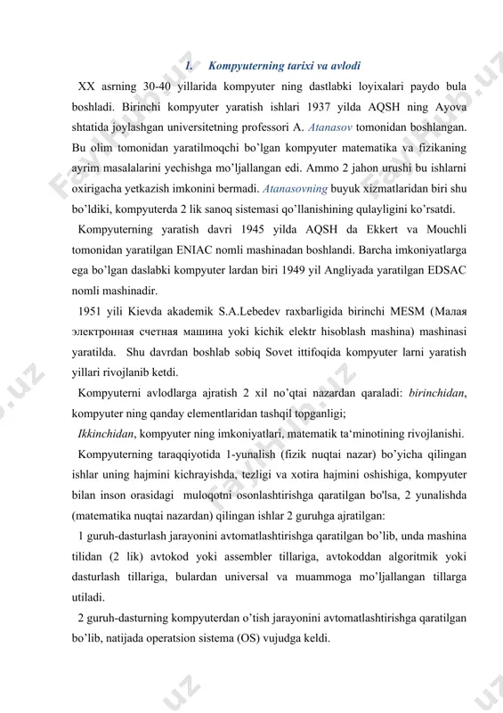 sturlash tillariga, bulardan universal va muammoga mo’ljallangan tillarga utiladi. 2 guruh-dasturning kompyuterdan o’tish jarayonini avtomatlashtirishga qaratilgan bo’lib, natijada operatsion sistema (os) vujudga keldi. i avlod kompyuter tarixi birinchi avlod mashina elementlari elektron lampalardan iborat bo’lib, tezligi sekundiga 10-20 ming amal bajara oladi, xotira hajmi chegaralangan bo’lib, kiritish-chiqarish qurilmalarini imkoniyatlari ham chegaralangandir. birinchi kompyuterni yaratishda m.v.keldsh, s.a.lebedev, m.a.lovrentev kabi buyuk olimlarning xissasi kattadir. bu avlodlarga quyildagi kompyuter lar kiradi: strela, besm-1, m-2, m-3, m-20, minsk-1,12,14, besm-2, ural-1. birinchi avlod kompyuter lardan foydalanish ochik holatda bo’lib, unga ko'ra har bir dasturchi kompyuterni o’zi boshqarar edi. shuning uchun ham kompyuterni foydali ish vaqti foydalanuvchining malakasiga bog’liq edi. bu davr standart dasturlar yaratish, dasturlar kutubxonasini tashqi xotirada saqlash va undan foydalanish bilan ajralib turadi. ii avlod kompyuter tarixi 2-avlod elementlari tranzistorlardan tashqil etib, kiritish-chiqarish qurilmalarining imkoniyatlari, ichki xotiraning hajmi, tezligi oshirilgan va dasturlash tuzish rivojlangan. bu avlod kompyuterlarida dasturlar asosan algoritmik tillarda tuzilib, ularni …