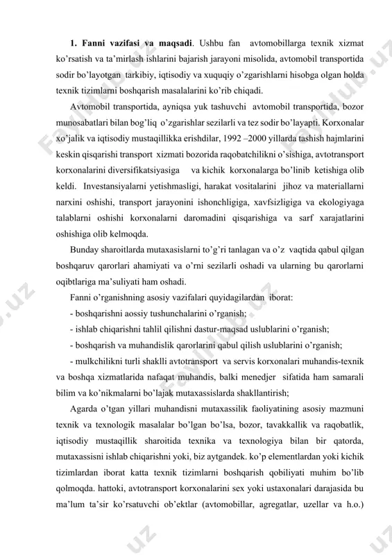 o’lajak mutaxassislarda shakllantirish; agarda o’tgan yillari muhandisni mutaxassilik faoliyatining asosiy mazmuni texnik va texnologik masalalar bo’lgan bo’lsa, bozor, tavakkallik va raqobatlik, iqtisodiy mustaqillik sharoitida texnika va texnologiya bilan bir qatorda, mutaxassisni ishlab chiqarishni yoki, biz aytgandek. ko’p elementlardan yoki kichik tizimlardan iborat katta texnik tizimlarni boshqarish qobiliyati muhim bo’lib qolmoqda. hattoki, avtotransport korxonalarini sex yoki ustaxonalari darajasida bu ma’lum ta’sir ko’rsatuvchi ob’ektlar (avtomobillar, agregatlar, uzellar va h.o.) hodim, xizmat ko’rsatish va ta’mirlash vositalari, zarur ehtiyot qismlar va materiallar, boshqa bo’limlar va uni raxbariyati bilan munosabatlar va aloqalar va boshqalar. ravshanki, tizim samarali faoliyat ko’rsatishi mumkin, birinchidan, uning elementlari samarali bo’lsa, va ikkinchidan ular ma’lum va tushunarli qoidalar bo’yicha o’zaro harakat qilsalar, ya’ni ularning ishi rejalashtiriladi va baholanadi. aqsh, kanada, angliya, italiya, avstraliya va yaponiyaning 1,5 mingdan ortiq turli firmalarini kuzatuvi shuni ko’rsatdiki, ushbu tizimlar ishini rejalashtirishda va boshqarshida 58% firmalarda xatolar kuzatilgan, buning ustiga faqat 3,5% xatolar bu firmaning keyingshi …
