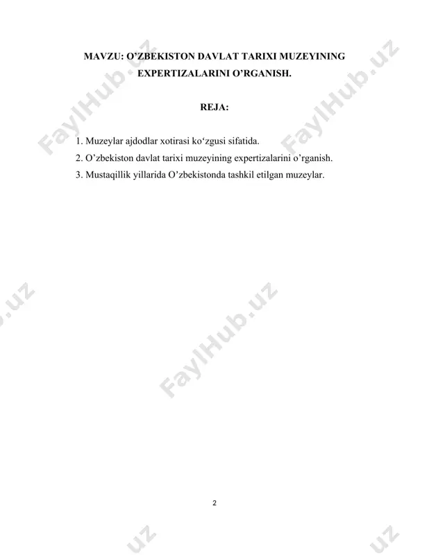 ’plarni o’ziga rom etib kelgan. keyingi bir yarim asr mobaynida xalqimiz o’zining behisob iqtisodiy-moddiy, madaniy-ma’rifiy boyliklaridan judo bo’ldi. biroq, mazkur tazyiqlarga, yo’qotishlarga qaramasdan, o’zbek xalqi asl o’zligini saqlab qola bilganligiga ham tarix guvohlik beradi. shu davrlarda xalqimiz tarixini aks ettiruvchi ko’plab noyob osori atiqalarimiz talon-taroj qilinib, yurtimizdan tashqariga tashib ketildi. sho’rolar davriga kelib muzeylarimiz kommunistik mafkurani targ’ib etadigan siyosiy o’choqlarga aylantirildi. mustaqillik tufayli o’zbek xalqi o’z qaddini rostladi, uning xalqaro nufuzi kun sayin ortib bormoqda. dunyo mamlakatlarining turli millat va xalqlarning o’zbekistonga, o’zbek xalqiga munosabatining o’zgarishi bu – ildizlari asrlar qa’riga, ko’hna tarixiga tutashgan taqdirimizga bo’lgan ehtiromdir. o’zbekiston davlat tarixi muzeyining expertizalarini o’rganish.o‘zbekiston tarixi davlat muzeyi o‘zbekiston tarixi davlat muzeyi mamlakat tarixi ilk paleolit davridan boshlab bir necha ming yillar davomida alohida shaxslar va xalqlar, shafqatsiz istilolar va keng ko‘lamli g‘alayonlar, imperiyalarning qulashi va ko‘tarilishidan shakllangan. odamlar asrlar davomida ikki daryo oralig‘ida yashagan va yirik shaharlarni barpo qilgan. go‘zal vohalardagi …
