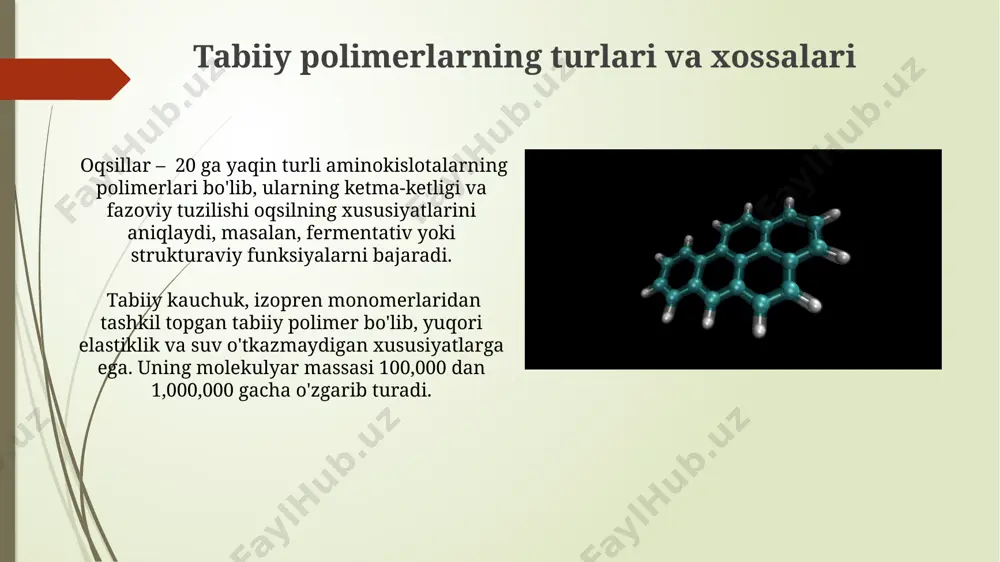 terlar poliesterlar, xususan, pet (polietilen tereftalat) kabi polimerlar, 500°c dan yuqori haroratlarda qayta ishlanishi mumkin, bu esa ularni qayta ishlashda muhim afzallik beradi. poliamid tolalarining, masalan, naylonning molekulyar massasi 10 000 dan 100 000 gacha bo'lishi mumkin va ularning xossalari shu massaga bog'liq. polipropilen va uning qo'llanilishi polipropilenning zichligi taxminan 0,9 gramm/kub santimetr bo'lib, bu uni engil va mustahkam qiladi, shu sababli u avtomobilsozlik va qadoqlash sanoatida keng qo'llaniladi. polipropilen tolalarining yuqori chidamlilik koeffitsiyenti, taxminan 35-70 mpa, uning matolar, arqonlar va boshqa mustahkam materiallar ishlab chiqarishda ishlatilishiga imkon beradi. yuqori molekulyar birikmalarning qo'llanilishi taxminan 70% dan ortiq sintetik yuqori molekulyar birikmalar, ya'ni polimerlar, turli xil to'qimalarni, masalan, kiyim-kechak va to'shak buyumlarini ishlab chiqarishda ishlatiladi. yuqori molekulyar birikmalar, masalan, polimerlar, 1000 dan ortiq monomer birliklaridan tashkil topgan bo'lib, turli xil sanoat tarmoqlarida, jumladan, avtomobilsozlikda va qurilishda keng qo'llaniladi. e'tiboringiz uchun rahmat @taqdimot_robot image1.jpg image2.jpg image3.jpg image4.jpg image5.jpg image6.jpg image7.jpg image8.jpg image9.jpg …