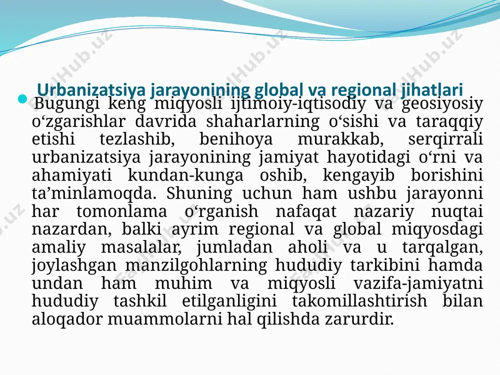 nish darajasi bilan belgilanadi. yevropa, shimoliy amerika, lotin amerikasi, avstraliya va okeaniya kabi yirik mintaqalardagi davlatlarda urbanizatsiya ko‘rsatkichi o‘rtacha hisobda 70 foizdan oshgan. bu borada, ayniqsa, islandiya, buyuk britaniya, belgiya, daniya, niderlandiya, avstraliya, yangi zelandiya, argentina, venesuyela kabi shaharlar darajasi 90 foizdan yuqori bo‘lgan davlatlar ko‘zga tashlanadi. jahon aholisining 60 foizi va dunyodagi shaharliklarning yarmi yashaydigan osiyo qit’asida urbanizatsiyaning umumiy darajasi bir muncha pastroq, 50 foiz atrofida bo‘lib, o‘sishi davom etmoqda. afrikada esa urbanizatsiya ko‘rsatkichi 40 foizdan sal ko‘proq. lekin har ikkala qit’ada ham yuqori urbanizatsiyalashgan mamlakatlar bor. jumladan, osiyoda bu borada yaponiya, janubiy koreya, isroil, fors qo‘ltig‘i arab mamlakatlari, tailand, afrikada esa liviya, jazoir, misr, marokash, jar kabi davlatlar ajralib turibdi. shu bilan birga, butan, burundi, malavi, uganda, chad, afg‘oniston va boshqa mamlakatlarda urbanizatsiya darajasi 25 foizga ham yetmaydi. ammo oxirgi yillarda shahar aholisining umumiy soni va jahon aholisidagi ulushi aynan osiyo va afrika davlatlarida kechayotgan urbanizatsiya jarayonlari hisobiga …