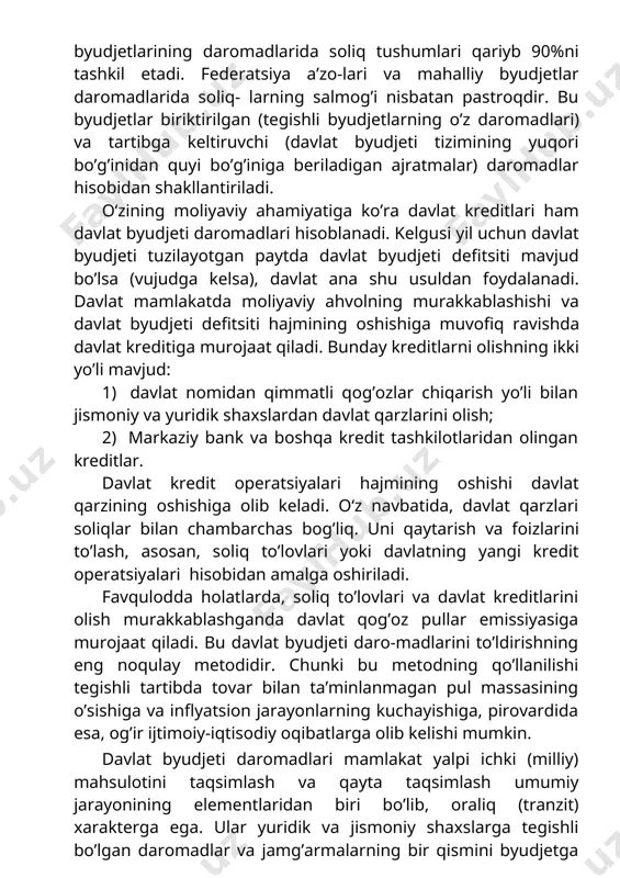 mamlakatda moliyaviy ahvolning murakkablashishi va davlat byudjeti defitsiti hajmining oshishiga muvofiq ravishda davlat kreditiga murojaat qiladi. bunday kreditlarni olishning ikki yo’li mavjud: 1) davlat nomidan qimmatli qog’ozlar chiqarish yo’li bilan jismoniy va yuridik shaxslardan davlat qarzlarini olish; 2) markaziy bank va boshqa kredit tashkilotlaridan olingan kreditlar. davlat kredit operatsiyalari hajmining oshishi davlat qarzining oshishiga olib keladi. o‘z navbatida, davlat qarzlari soliqlar bilan chambarchas bog’liq. uni qaytarish va foizlarini to’lash, asosan, soliq to’lovlari yoki davlatning yangi kredit operatsiyalari hisobidan amalga oshiriladi. favqulodda holatlarda, soliq to’lovlari va davlat kreditlarini olish murakkablashganda davlat qog’oz pullar emissiyasiga murojaat qiladi. bu davlat byudjeti daro-madlarini to’ldirishning eng noqulay metodidir. chunki bu metodning qo’llanilishi tegishli tartibda tovar bilan ta’minlanmagan pul massasining o’sishiga va inflyatsion jarayonlarning kuchayishiga, pirovardida esa, og’ir ijtimoiy-iqtisodiy oqibatlarga olib kelishi mumkin. davlat byudjeti daromadlari mamlakat yalpi ichki (milliy) mahsulotini taqsimlash va qayta taqsimlash umumiy jarayonining elementlaridan biri bo’lib, oraliq (tranzit) xarakterga ega. ular yuridik …