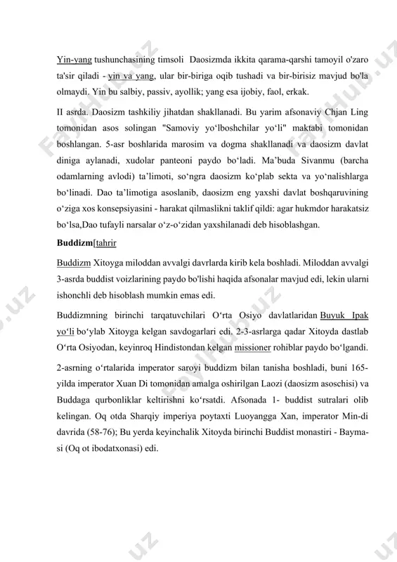 ida taqdim etishning birinchi urinishlari edi. qadimgi xitoy madaniyati. qadimgi xitoy madaniyati butun uzoq sharq mintaqasining tarixiymadaniyssivilizatsiyasiga asos solgan desak, mubolag‘a bo‘lmaydi. bu erdagi dastlabki falsafiy-teologik tafakkur insonning shaxsiga qaratilganligi bilan e’tiborlidir. in davridayoq xitoyliklar 30 ming sonigacha sanoqni bilishgan. astronomiyani esa hosil yig‘ishda dehqonchilikka bog‘lay olganlar. mil. avv. 613 yili qadimgi xitoyliklar birinchi bor galiley kometasini aniqlaganlar. mexanikani bilish irrigatsiya va mudofaa inshootlarini qurishda qo‘l kelgan. dunyoni yaratilishini qadimgi xitoyliklar quyidagicha tasavvur qilishgan. ya’ni, dastlabki inson in va yan ruhlari ta’sirida yaratilganligi, in ruhi yer bo‘lganligi va ular dunyoni muvozanatga solganligi ta’riflanadi. dastlabki inson pangu deb nomlangan. u kosmik tuxumni bolg‘a bilan ikkiga bo‘lib tashlagach, barcha yaxshilik va tozalik engil bo‘lganligi uchun samoga ko‘tarilgan va osmonni hosil qilgan. barcha og‘ir va iflos narsalar erni tashkil qilgan. vafot etgan panguni tanasidan dunyo yuzaga kelgan deb tasavvur qilingan. boshqa rivoyatlarda insonlarni yaratuvchisi sifatida ilon dumli nyuyva ilohasi tilga olinadi. xitoy aholisining …