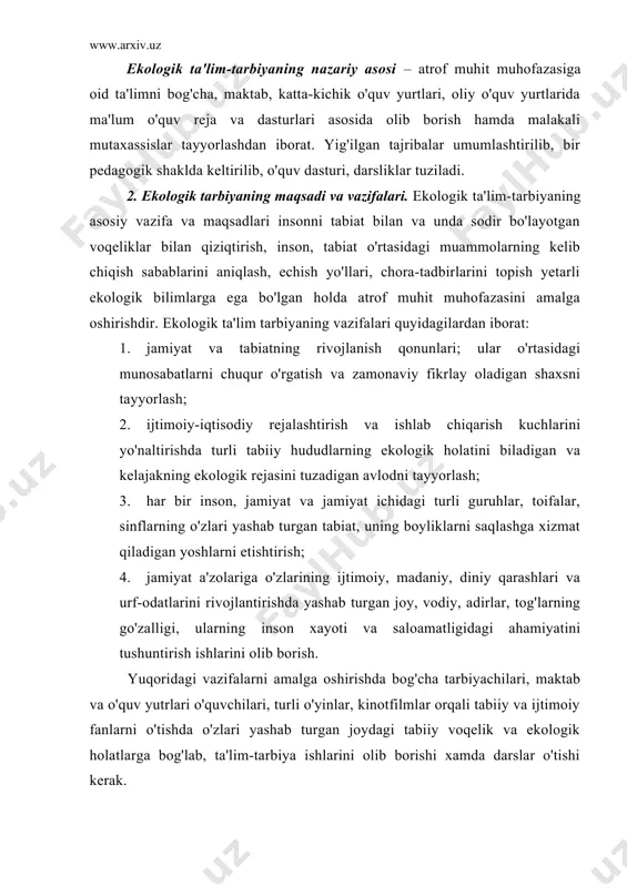 shab turgan joydagi tabiiy voqelik va ekologik holatlarga bog'lab, ta'lim-tarbiya ishlarini olib borishi xamda darslar o'tishi kerak. shunday ishlar amalga oshirilganda har bog'cha bolasi, maktab o'quvchisi va talabalar o'simlikning qurishi, qushning ucholmasligi, adir yoki to'qayning yonishi, suvning befoyda oqishiga befarq bo'lmaydi. tabiat, uning jonzotlariga, o'zi ichadigan suvga nisbatan joni achiydi, ahvolni yaxshilash uchun ichki intilish tuyg'usi vujudga keladi. bu esa insondagi yangi biologik kuchdir. uning yangi aql-zakovatining inqilobi, ekologik ta'lim-tarbiyaning g'alabasi bo'ladi. ekologik ta'lim asosida inson, jamiyat a'zolarini tabiat va uning boyliklarini saqlash, tejamkorlik bilan foydalanishda to'g'ri va oqilona yo'l tutishi, amaliy ishlarni muhit muammolarini echishga bag'ishlashi, shaxsning ekologik ta'limoti, tarbiyasi va madaniyatiga befarqdir. 3. ekologik ta'lim-tarbiyaning yunalishlari. ekologiyaning ta'lim-tarbiyaning asosiy yo'nalishlaridan biri jumhuriyatimizda tabiatni saqlash, uning turli boyliklaridan tejamkorlik bilan foydalanish borasida uzluksiz ekologik ta'limni tashkil qilish va shu sohaga oid umumiy ta'limni bog'chadan tortib turli korxonalarning xizmatchilari, rahbarlari orasida olib borishdan iborat. бунинг учун қуйидаги ишларни амалга ошириш …