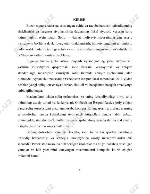 omonidan bilvosita tarzda to‘lanadi. u davlat byudjeti tushumlarining asosiy qismini tashkil etadi, biroq iste’molchilar uchun narx oshishiga olib kelishi mumkin. soliqning iqtisodiyotni tartibga solishdagi roli davlat soliq siyosati orqali quyidagi iqtisodiy maqsadlarga erishadi: ishsizlikni kamaytirish: ayrim imtiyozlar orqali ish o‘rinlari yaratishga ko‘maklashadi. investitsiyalarni jalb qilish: qulay soliq rejimi orqali xorijiy va mahalliy sarmoyadorlar rag‘batlantiriladi. inflatsiyani nazorat qilish: ma’lum hollarda soliq yukining oshirilishi pul massasini kamaytirishga xizmat qiladi. iqtisodiy o‘sishni rag‘batlantirish: imtiyozli soliqlar va soddalashtirilgan tizimlar yordamida kichik biznes qo‘llab-quvvatlanadi. o‘zbekiston iqtisodiyotida soliqning tutgan o‘rni o‘zbekiston respublikasida soliq siyosati bozor iqtisodiyoti sharoitlariga moslashtirilgan holda shakllantirilgan. o‘zbekiston davlat byudjetining eng asosiy daromad manbalaridan biri — bu soliq tushumlaridir. 2024-yil ma’lumotlariga ko‘ra, respublika byudjet daromadlarining 75% dan ortig‘i soliq va yig‘imlar hisobiga shakllangan. jumladan: qo‘shilgan qiymat solig‘i (qqs) – 37.1% yuridik shaxslar daromad solig‘i – 18.5% jismoniy shaxslar daromad solig‘i – 12.2% aksiz solig‘i – 9.6% yer va mol-mulk soliqlari – 5.4% bu …