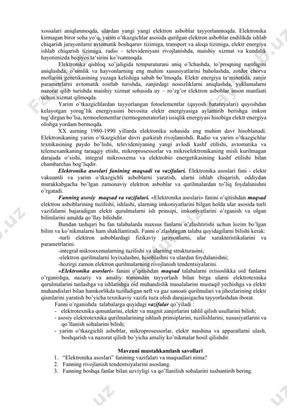 bo’lgan fizik - kimyoviy xossalari aniqlanmoqda, ulardan yangi yangi elektron asboblar tayyorlanmoqda. elektronika kirmagan biror soha yo’q, yarim o’tkazgichlar asosida qurilgan elektron asboblar endilikda ishlab chiqarish jarayonlarni avtomatik boshqaruv tizimiga, transport va aloqa tizimiga, elektr energiya ishlab chiqarish tizimiga, radio – televideniyani rivojlanishda, maishiy xizmat va kundalik hayotimizda beqiyos ta‘sirini ko’rsatmoqda. elektronika qishloq xo’jaligida tempuraturani aniq o’lchashda, to’proqning namligini aniqlashda, o’simlik va hayvonlarning eng muhim xususiyatlarini baholashda, zotdor chorva mollarini genetikasining yuzaga kelishiga sabab bo’lmoqda. elektr energiya ta‘minotida, zanjir parametrlarni avtomatik rostlab turishda, zanjirdagi nosozliklarni aniqlashda, yuklamalarni nazorat qilib turishda maishiy xizmat sohasida uy – ro’zg’or elektron asboblar inson manfaati uchun xizmat qilmoqda. yarim o’tkazgichlardan tayyorlangan fotoelementlar (quyosh batareyalari) quyoshdan kelayotgan yorug’lik energiyasini bevosita elektr energiyasiga aylantirib berishga imkon tug’dirgan bo’lsa, termoelementlar (termogeneratorlar) issiqlik energiyasi hisobiga elektr energiya olishga yordam bermoqda. xx asrning 1980-1990 yillarda elektronika sohasida eng muhim davr hisoblanadi. elektronikaning yarim o’tkazgichlar davri gurkirab rivojlanishdi. radio va yarim …