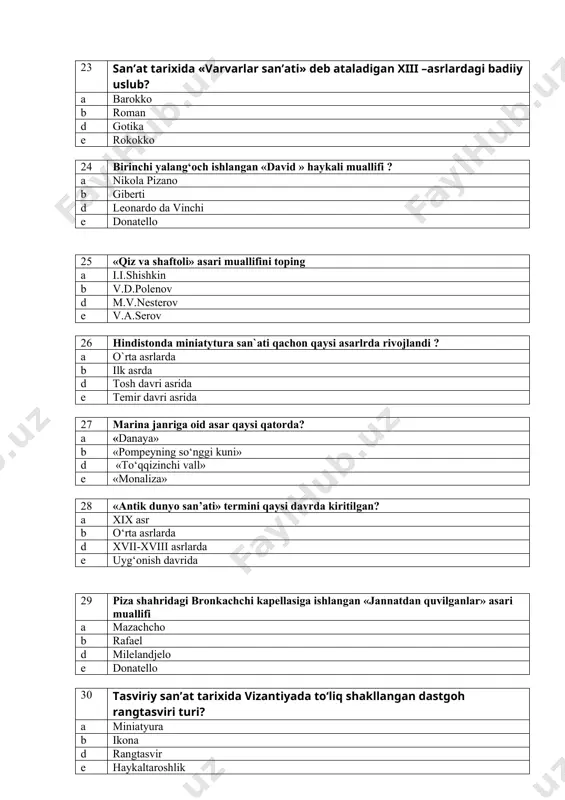 test savollari to'plami "tasviriy san'at tarixi fani" - Page 4