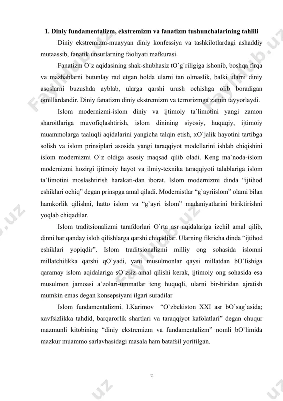 amal qilishi kerak, ijtimoiy ong sohasida esa musulmon jamoasi a`zolari-ummatlar teng huquqli, ularni bir-biridan ajratish mumkin emas degan konsepsiyani ilgari suradilar islom fundamentalizmi. i.karimov “o`zbekiston xxi asr bo`sag`asida; xavfsizlikka tahdid, barqarorlik shartlari va taraqqiyot kafolatlari” degan chuqur mazmunli kitobining “diniy ekstremizm va fundamentalizm” nomli bo`limida mazkur muammo sarlavhasidagi masala ham batafsil yoritilgan. haqiqatan ham diniy fundamentalizmning kelib chiqishi o`zining uzoq tarixiga ega bo`lsa-da, bu jarayonning jonlanishi xx asrning oxirgi choragida yuz bergan edi. ho`sh, diniy fundamentalizm, shu jumladan islom fundamen-talizmi va uning kelib chiqishi, mohiyati deganda nimani tushunmoq kerak? bu savolga qisqa javob quyidagilardan iborat: fundamentalizm tushunchasining asl kelib chiqish ildizini respublikamiz olimlaridan prof. h. karomatov o`zining “funda-mentalizm yohud to`qlikka sho`xlik” degan maqolasida juda o`rinli dalillar bilan asoslab bergan. bu olimning ta`kidlashicha, hozirgi vaqtda fundamentalizm deganda aksariyat hollarda islom fundamen-talizmi nazarda tutilyapti. “aslida,-deb yozgan edi u, -fundamentalizm 20 asrda xristian “modernizmi”ning rivojiga qarshi vujudga kelgan o`ziga xos xristian oqimiga berilgan …