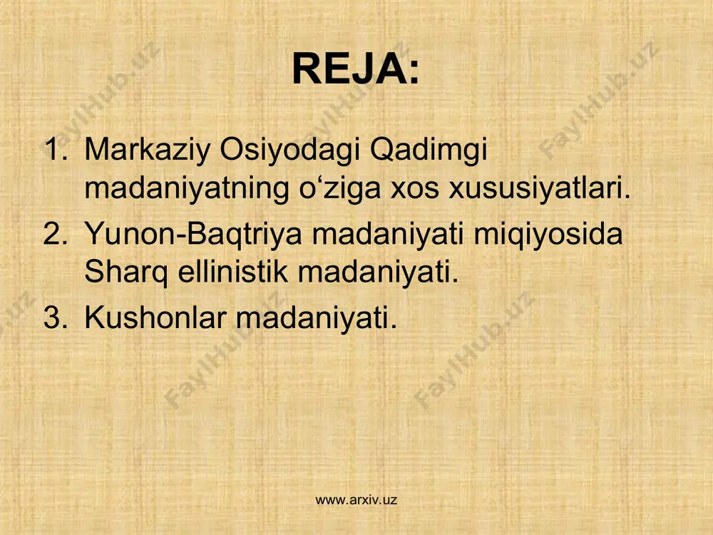 hi qabila va xalqlar xo‘jalik tarzi va o‘ziga xos madaniyatlarining shakllanishi uchun imkoniyat yaratdi. «qadimgi sivilizatsiya» deb nomlangan risolada markaziy osiyo madaniyatining ikki xususiyati ko‘rsatiladi: bir tomondan, turli madaniyatlarning o‘zaro ta’sirida, ikkinchi tomondan, qadimgi sivilizatsiyalarining boshqa o‘choqlari bilan yaqin aloqada rivojlanishi. bu xususiyatlarni batafsil kuzatadigan bo‘lsak markaziy osiyo madaniyatining shakllanish jarayonlari yaqqol namoyon bo‘ladi. www.arxiv.uz www.arxiv.uz www.arxiv.uz www.arxiv.uz markaziy osiyoning serhosil vodiysi, cho‘l va dashti, tog‘larida yashovchi aholining turmush sharoitidagi farqlar turli xo‘jaliklarning ertaroq paydo bo‘lishi o‘ziga xos madaniyatlar shakllanishiga olib keldi. bu jarayon yaqin qo‘shinchilik munosabatlari asosida sodir bo‘lib, qabila va xalqlarning iqtisodiy va madaniy aloqalari tufayli taraqqiyotning ertaroq boshlanishiga imkon yaratdi. eng qadimgi davrlardan dehqonchilik, chorvachilik va tog‘ ovchi qabilalari o‘rtasidagi mahsulot ayirboshlash markaziy osiyo xalqlari iqtisodiyotida katta ahamiyatga ega bo‘lib, keyingi davrlarda ham u uzoq saqlanib qoldi. turmush tarzi va xo‘jalik faoliyatidagi farqlanish bilan birga mintaqa xalqlarining etnik va tillardagi yaqinlik judayam uyg‘unlashib ketganligi qadimgi yunon va …