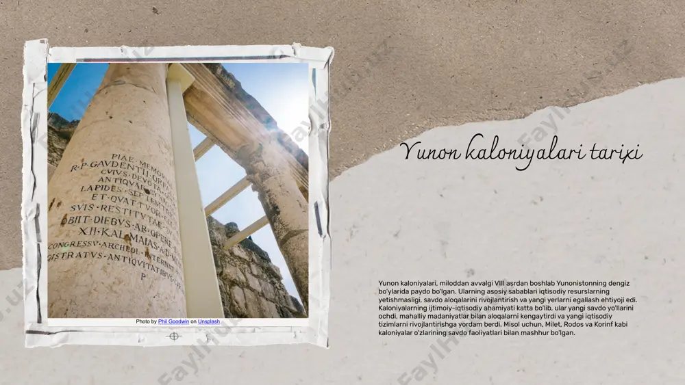 ojlanishi yunon madaniyatining tarqalishi kaloniyalarning zamonaviy ta'siri yunon kaloniyalari zamonaviy iqtisodiyot va madaniyatda muhim ahamiyatga ega. ular nafaqat tarixiy merosni saqlab qolish bilan birga, turizmni rivojlantirish va mahalliy iqtisodiyotga ijobiy ta'sir ko'rsatmoqda. globalizatsiya va uning ta'siri - mahalliy madaniyatlar o'rtasidagi aloqalarni kuchaytiradi. - madaniy almashuv va iqtisodiy hamkorlikni rivojlantiradi. - global brendlar va xizmatlar mahalliy bozorlarni o'zgartiradi. - kaloniyalarning arxeologik joylari turizm manbai sifatida xizmat qiladi. - madaniy merosni asrash va tadqiq qilishga yordam beradi. - zamonaviy san'at va arxitekturaga ilhom beradi. kaloniyalarning qoldiqlari va ularning zamonaviy dunyodagi o'rni misollar: turizm va madaniy meros yunon kaloniyalari va zamonaviy aloqalar yunon kaloniyalari zamonaviy dunyoda muhim aloqalar o'rnatgan. ular iqtisodiy jihatdan savdo yo'llarini kengaytirgan, madaniy jihatdan esa san'at, adabiyot va falsafani rivojlantirgan. misol uchun, yunon madaniyatining ta'siri hozirgi kunda ko'plab mamlakatlarda, jumladan, italiya va turkiyada seziladi. siyosiy jihatdan esa, yunon kaloniyalari demokratiya va boshqaruv tizimlarida asosiy misol bo'lib xizmat qiladi. hozirgi kunda, …