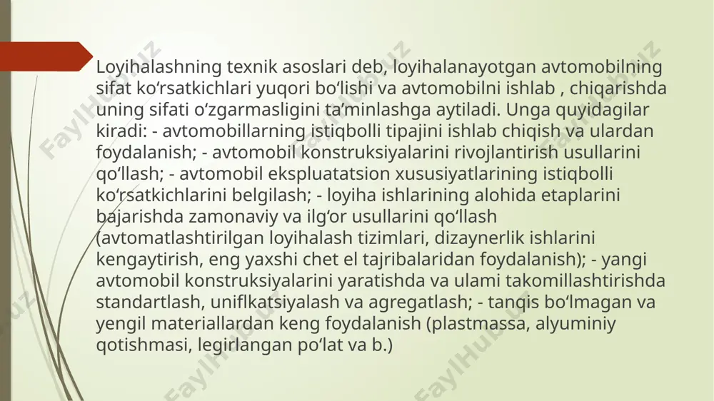 i kiradi. • ekspluatatsiya talablariga avtomobilning yuk ko‘tarishdan toia foydalanish; yuqori o‘rtacha tezlik; yuqori yonilgi tejamkorligi; ishonchlilik; tashish vaqtida yuklaming saqlanishi; avtomobilning obhavo sharoitiga moslashganligi kiradi. image1.png /docprops/thumbnail.jpeg