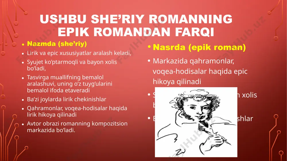 kiy 6-bob kunlari zulmatu muxtasar yerda nekker (fransuzcha ) bir avlod tug’ilgay – qo’rqmas o’limdan. petrarka 7-bob moskva, rusiyaning sevikli qizi, qaydan topish mumkin mislingni, sening! dmitriyev 8-bob baxtli bo’l! agar biz abadiy ayrilajak bo’lsak, abadiy alvido! sevmasdan bo’lurmi ona moskvani! baratinskiy moskvaga quvg’inlik ! demak jahonni ko’rish ! qayer yaxshiroq ? biz bo’lmagan yer! griboyedov bayron peyzaj tasviri peyzajning roli – vaqt o’tganlihini ko’rsatadi qahramonlarning ma’naviy dunyosini ko’rsatadi.( ko’pincha tatyana obrazida) kompozitsion roli- romanning ichki vaqti kompozitsion roli- maishiy detallar.( tatyananing onasining yo;li) lirik chekinish avtobiografik chekinishlar ( yoshlikdagi sevgi 1-bob; moskva go’zali 7-bob; romantizm haqida 8-bobda keltiriladi) tanqidiy- publiysistik chekinish hayotiy mavzulardagi suhbatlar (sevgi haqida, oila, turmush, tablar va modalar, ta’lim hamda do’stlik haqida) peyzaj chizmalari fuqarolik mavzusidagi chekinish (1812- yildagi qahramon moskva haqida) odatda roman syujeti bilan bog’liq bo’ladi romanda lirik chekinish bobning yo boshlanish yo yakuniy qismida kelgan. ayniqsa 1-bobda asarda l.chning turlari: bir misradan(“delvigning bazmdagi …