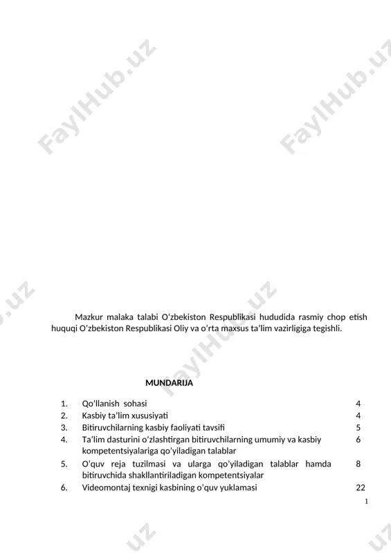 irishi; kasbiy faoliyatning tegishli sohasida yanada yuqoriroq malakaga erishish maqsadida oily ta’lim muassasasida o’qishni davom ettirishi mumkin. 2.4. o’qishga qabul shartlari. o’qishga qabul shartlari amaldagi qonunchilik asosida amalga oshiriladi. 3. bitiruvchilarning kasbiy faoliyati tavsifi 3.1. bitiruvchining kasbiy faoliyat sohasi: videomontaj texnigi kasbining asosiy maqsadi, ko’rsatuv, lavha, reportaj, videorolik, telefilm, kinofilmlar yaratish, reklama bannerlari, ko`rgazmali tashviqot plakatlari, bukletlar va fleyerlari tayyorlash ishlarini mehnat muxofazasi qoidalariga amal qilgan holda bajarish 3.2. bitiruvchining kasbiy faoliyat obyektlari: 3.2.1.videomontaj texnigi kvalifikatsiyasi bo’yicha: kompyuter qurilmasi; montaj apparatxonasi; montaj programmalari (adobe premiere, after effects); video materiallar (maxsus saytlar: pexels.com, pixabay.com); ovoz yozish jixozlari ; (hyperx quadcast-usb condenser); ssenariylar. 3.2.2. kompyuter grafikasi va dizayn operatori kvalifikatsiyasi bo’yicha: kompyuter qurilmasi; dasturlar (adobe photoshop, adobe illustrator, corel draw, after effects, 4d cinema); kompyuter grafikasi bo`yicha maxsus effect va pluginlar (mocha pro, red giant); skaner; printerlar; plotterlar; kesuvchi asboblar; qog`oz, banner, orakl va boshqalar; bo`yoqlar; texnik va ma`lumotnoma hujjatlar. 3.3. 40210102-videomontaj …