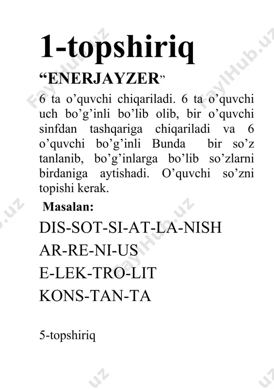 .sheele c.kavendish 2.moddalar yo’qdan bor bo’lmaydi, bordan yo’q bo’lmaydi, faqat bir turdan ikkinchisiga o’zgaradi.? a.avogadro qonuni b.massaning saqlanish qonuni c.karrali nisbatlar qonuni 10-topshiriq “formula tuzish” kartochkalarda elementlar chalkashtirib beriladi, o’quvchilar ularni taxlab formula tuzishlari kerak bo’ladi. · masalan: 11-topshiriq “kim bilimli”o’yini. o’yin barcha sinfga ta’lluqli,u o’tilgan bobni takrorlash maqsadida qo’llaniladi.o’yinni tartibi:o’quvchilar doira hosil qilib turadilar.o’quvchi o’zining o’ng tomonidagi sinfdoshuga bir moddaning nomini aytadi,sinfdoshi esa tezlik bilan shu moddaning xosalari va ishlatilishini qisqa qilib so’zlaydi va u ham o’z navbatida o’ng tomonidagi sinfdoshiga bir moddaning nomini aytadi.o’yin shuntarzda davom etadi.o’yin safga bir kishi qolguncha davom etadi. 12-topshiriq. “baliq ovi”o’yini doskaning bir tomonida dengiz rasmi, ikkinchi tomonida akvarium rasmi tushiriladi.dengizda baliqlar bo’ladi.o’quvchi dengizdagi baliqlardan birini tutib uni orqa qismidagi savollarga javob beradi.javob to’g’ri bo’lsa baliqni akvariumga, noto’g’ri bo’lsa dengizga qo’yib yuboriladi. 13-topshiriq. 14-topshiriq. 15-topshiriq “tezkor savol-javob” 1.sorbent nima? 2.n.sh hajm? 3.molekula nima? 4. absorbent nima? 5.modda nima? 6.absorbsiya nima? 7.sorbsiya nima? 8.diffuziya …