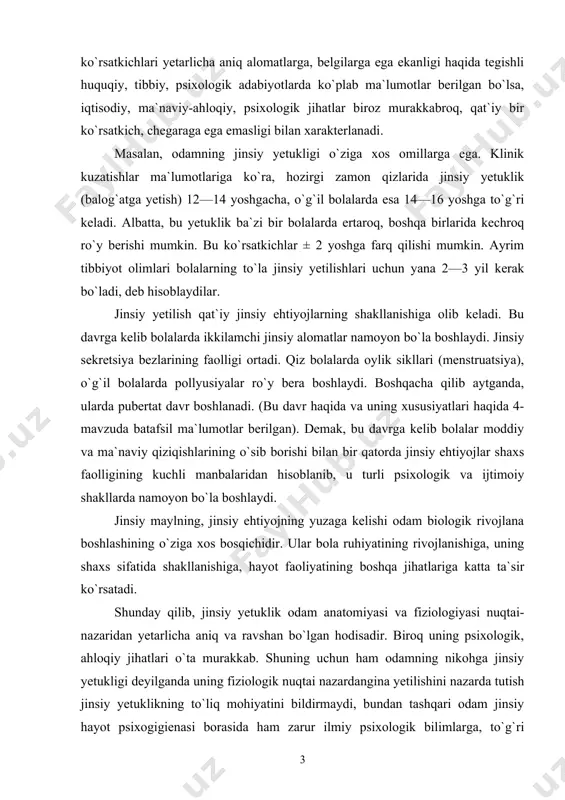 nishiga, uning shaxs sifatida shakllanishiga, hayot faoliyatining boshqa jihatlariga katta ta`sir ko`rsatadi. shunday qilib, jinsiy yetuklik odam anatomiyasi va fiziologiyasi nuqtai-nazaridan yetarlicha aniq va ravshan bo`lgan hodisadir. biroq uning psixologik, ahloqiy jihatlari o`ta murakkab. shuning uchun ham odamning nikohga jinsiy yetukligi deyilganda uning fiziologik nuqtai nazardangina yetilishini nazarda tutish jinsiy yetuklikning to`liq mohiyatini bildirmaydi, bundan tashqari odam jinsiy hayot psixogigienasi borasida ham zarur ilmiy psixologik bilimlarga, to`g`ri tasavvurlarga ega bo`lmogi zarur. bu esa shubhasiz, alohida e`tibor, maxsus tayyorgarlik, o`qitishni talab qiladigan jarayondir. yoshlarning nikohga jinsiy yetukligi masalasidan tashqari yuqorida keltirib o`tilganidek, yana bir nechta ijtimoiy yetuklik turlarini farqlash mumkin. bular: jinsiy, fuqarolik, kasb-hunar, ijtimoiy-iqtisodiy, ma`naviy, ahloqiy va psixologik yetukliklardir. bularning orasida yoshlarning jinsiy (fiziologik) yetukligi boshqalariga qaraganda ancha erta amalga oshadi, quyida bu masalalarga bog`liq ravishda yana qanday muammolar majmuining yuzaga kelishi mumkinligi haqida to`xtalib o`tamiz. fuqarolik — huquqiy yetuklik bu odamning huquqiy jihatdan balog`atga yetish yoshi bilan, u huquqiy …