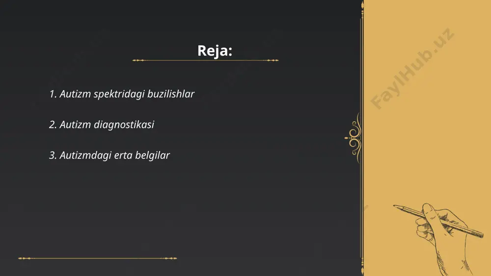 aning ko'z bilan muloqot qilmasligi yoki ota-onaning ovoziga javob bermasligi. bir yoshda ishoralar qilish yoki kulish kabi ijtimoiy belgilar yetishmasligi kuzatilishi mumkin. 18 oylikda yoshiga mos gapirishda kechikish yoki umuman so'zlamaslik mumkin. ikki yoshda o'yinchoqlar bilan o'ynashda noodatiy usulda foydalanish, taqlid qilmaslik va boshqa bolalar bilan qiziqmaslik hollari paydo bo'lishi mumkin. ushbu belgilar davom etgan hollarda, mutaxassisga murojaat qilish tavsiya etiladi, chunki dastlabki tashxis va aralashuv avlodchilar uchun yordam beradi. aqshda har 44-bolada autizm spektri buzilishi aniqlangan bo'lib, bu kasallikning erta aniqlash zarurligini ko'rsatadi. ... t.me/slaydai_bot autizm spektrining buzilishi (asb) genetik omillar bilan chambarchas bog'liq. tadqiqotlar shuni ko'rsatadiki, autizmning rivojlanishida genetik omillar katta rol o'ynaydi. masalan, egizaklar ustida olib borilgan izlanishlar mono zigotali (bir tuxumdan) egizaklarda autizm birgalikda uchrashish ehtimoli 60-90% atrofida ekanligini ko'rsatadi, bu dizigotik (ikki tuxumdan) egizaklarga qaraganda ancha yuqori. bundan tashqari, autizmga bog'liq bo'lgan kamida 100 dan ortiq genetik mutatsiyalar aniqlangan, ular orasida 1q21.1 mikrodelesiya, 15q11-q13 duplikatsiya …