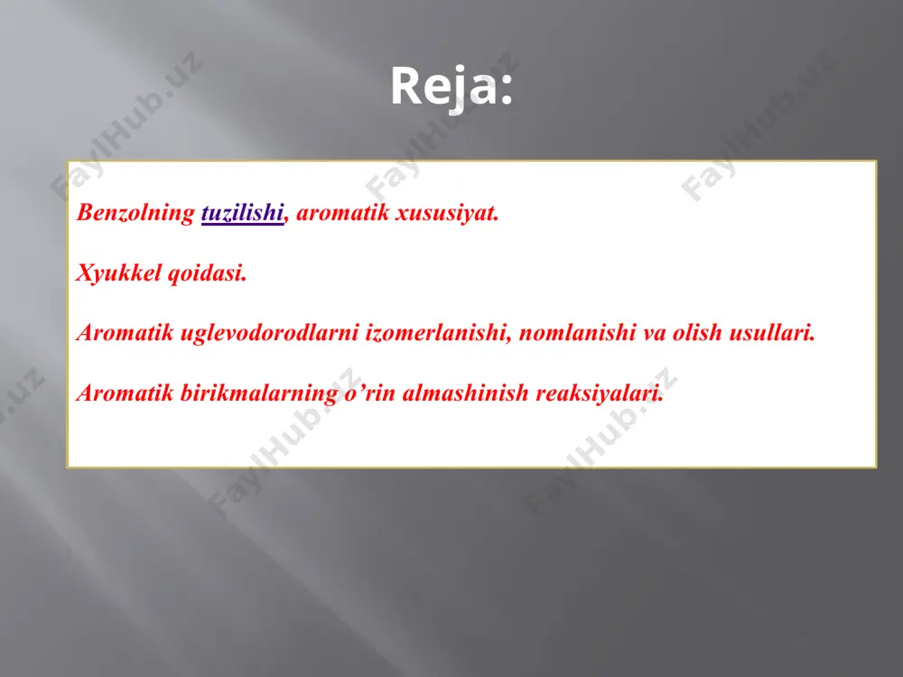 (radikal)ning oʻrni sonlar orqali koʻrsatiladi benzolning gomologlarini nomlash uchun shakllangan trivial nomlashlar ham ishlatiladi: metilbenzol — toluol, dimetilbenzol — ksilol, izopropilbenzol — kumol, vinilbenzol — stirol deb ataladi. molekulasida bir necha radikallar boʻlgan birikmalarni nomlash uchun benzol halqasidagi uglerod atomlari raqamlanib, birikma nomlanganda oʻrinbosar (radikal)ning oʻrni sonlar orqali koʻrsatiladi agar benzol molekulasining ikkita vodorod atom radikallarga almashingan boʻlsa, u holda benzolning orto-, meta-, para- hosilalari paydo boʻladi. ular qisqacha birinchi harfi bilan belgilanadi: orto — o, meta — m, para — p. shuningdek, harflar oʻrniga sonlar orqali belgilash ham qabul qilingan agar benzol molekulasining ikkita vodorod atom radikallarga almashingan boʻlsa, u holda benzolning orto-, meta-, para- hosilalari paydo boʻladi. ular qisqacha birinchi harfi bilan belgilanadi: orto — o, meta — m, para — p. shuningdek, harflar oʻrniga sonlar orqali belgilash ham qabul qilingan e’tiboringiz uchun raxmat ! image2.png image3.png image4.png image5.png