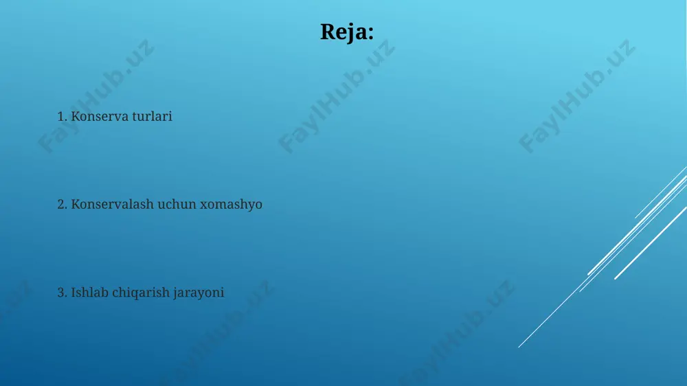 ar zavodlari tomonidan turli xil sabzavot aralashmalaridan tayyorlangan 10 dan ziyod turdagi konservalari ishlab chiqariladi. andijon viloyatida ishlab chiqarilgan "vitaminli" deb nomlangan sabzavot konservasi tarkibida 3 turdagi sabzavot va 2 xil ziravorlar mavjud bo'lib, yillik ishlab chiqarish hajmi 15 million donadan oshadi. sifat nazorati va xavfsizlik тошкент шаҳридаги лаборатория текширувларида 500 та консерваланган мева ва сабзавот намунасининг 7%ида микробларнинг юқори даражаси аниқланди, бу эса истеъмолчиларга хавф туғдиради. европа иттифоқи стандартларига кўра, консерваланган маҳсулотларда пестицидлар миқдори 0,1 мг/кг дан ошмаслиги керак. 2022 йилда ўтказилган текширувлар бу стандартнинг 3% бузилишини кўрсатди. bozor tahlili va istiqbollari консерваланган маҳсулотларнинг 15% дан ортиғини қўшимча қийматга эга бўлган маҳсулотлар (масалан, консерваланган мевалардан тайёрланган компотлар) ташкил этади, бу бозор сегментида рақобатни кучайтиради ва янги технологияларни жорий этишни талаб қилади. 2023 йилда ўзбекистонда консерваланган мева-сабзавотлар бозори ҳажми 150 млн. ақш долларига етди, бу эса йиллик ўсиш суръати 5-7% ни ташкил этади ва тошкент вилояти етакчи ҳудуд ҳисобланади. xom …