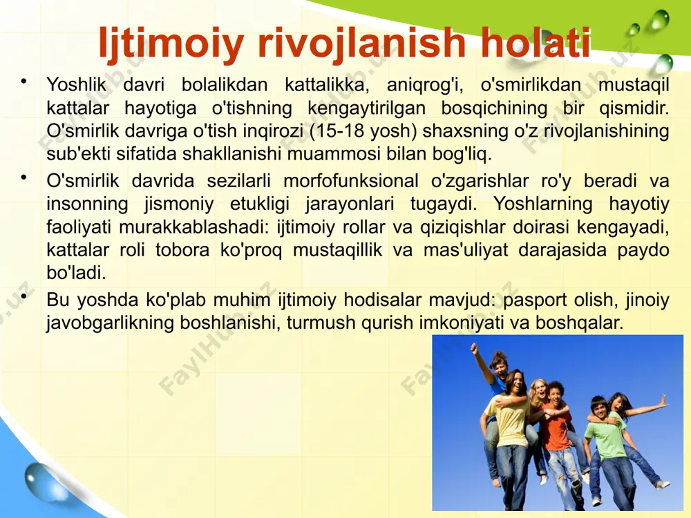sh; o'ziga xoslik-(идентичность)sub'ektning o'ziga xosligini anglash, o'z shaxsiyatining vaqt o'tishi bilan davom etishi quyidagi savollarga javob berishni talab qiladi: "men kimman? men qanday odam bo'lishni xohlayman? meni kim sifatida qabul qilishadi?”; qadriyat yo'nalishlari - bu shaxsning qadriyatlarga tanlab munosabati bilan tavsiflangan qat'iy munosabatlar tizimi; dunyoqarash - bu butun dunyo, atrofdagi voqelik, boshqa odamlar va o'zi haqidagi umumlashtirilgan g'oyalar tizimi va faoliyatda unga amal qilishga tayyorlik. yoshlik - bu qarama-qarshi kechnmalar, ichki qarama-qarshilik, tashvish va ichki tug’yonlar bilan ajralib turadigan davr, ammo ular o'smirlik davridagiga qaraganda kamroq namoyon bo'ladi. yoshlikdagi hissiy soha mazmunan boy va kechinmalar nozikroq bo'ladi, hissiy sezgirlik va empatiya qobiliyati oshadi. voyaga yetish inqirozi - 18-20 yosh - "ota-ona ildizlaridan ajralish" ilk o‘spirinlik yoshi davriga 15-18 yoshlardagilar kiradilar. mazkur davrning yana bir xususiyati - mehnat bilan ta’lim faoliyatining bir xil ahamiyat kasb etishidan iboratdir. mavjud shart-sharoitlar ta’siri ostida ilk o‘spirinning aqliy va axloqiy jihatdan o‘sishida o‘ziga xos o‘zgarishlar, …