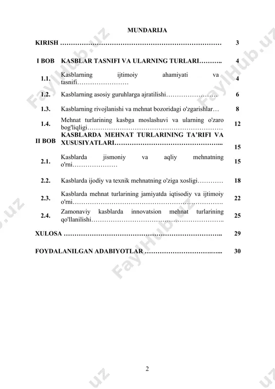chuqurlashtirishga yordam beradi. kurs ishining maqsadi: ushbu kurs ishining maqsadi kasblar tasnifi va kasblarda mehnat turlarining ta’riflanishini o’rganish, kasblar o’rtasidagi farqlarni tahlil qilish va ularning ta’lim jarayonidagi ahamiyatini aniqlashdan iborat. kasblar tasnifining yangi yondashuvlarini ishlab chiqish, mehnat turlarining o’zgarishiga ta’sir ko’rsatuvchi omillarni o’rganish hamda kasblarni tanlashda o’quvchilarga qanday yordam ko’rsatish mumkinligini tushunish. kurs ishining obyekti: kurs ishining obyekti sifatida kasblar tasnifi va kasblarda mehnat turlarining ta’riflanishi olinadi. bu obyektda kasblarning xususiyatlari, mehnat turlarining o’ziga xosligi va kasb tanlash jarayonida o’quvchilarga taqdim etiladigan ma’lumotlar tahlil qilinadi. shuningdek, kasblar tasnifi va mehnat turlarining ta’lim jarayonidagi roli, o’quvchilarning kasbga oid bilim va ko’nikmalarini rivojlantirishda qanday ta’sir ko’rsatishi o’rganiladi. kurs ishida kasblar tasnifini yangilash va mehnat turlarini aniqlash orqali o’quvchilarning kasbga tayyorlanishi, ta’lim tizimida kasbga oid yondashuvlar, shuningdek, mehnat bozoriga mos keladigan mutaxassislar tayyorlashdagi samaradorlik tahlil etiladi. i bob. kasblar tasnifi va ularning turlari. 1.1. kasblarning ijtimoiy ahamiyati va tasnifi. kasblarning ijtimoiy ahamiyati, ular …