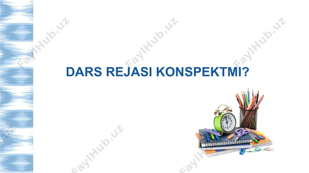 zilmasida mantiqiy ketma ketlik baholashning izchilligi va maqsadga mosligi darsda refleksiya uchun vaqt ajratish real hayot bilan bog‘liqlik va kontekst samarali darsni rejalashtirishning asosiy elementlari 23 dars haqida fikr-mulohaza berishda “2 rag‘bat, 1 taklif” yondashuvi asosida tashkil etiladi: quyidagi tuzilma asosida yozma yoki og‘zaki tahlil tayyorlanadi: 2 rag‘bat: darsdagi eng yaxshi tomonlar 1 taklif: yaxshilanishi kerak bo‘lgan jihatlar dars tahlili sessiya bo‘yicha savollaringiz… ishtirokingiz uchun rahmat! image9.png image10.svg image11.png image12.svg image13.png image14.png image15.png image1.jpeg image2.png image3.png image4.svg image5.png image6.svg image7.png image8.svg image16.png image17.svg image18.jpeg image19.png image20.png image21.png image22.png image23.jpeg image24.jpeg image29.png image30.jpeg image31.png image32.svg image33.jpeg image34.png image35.png image36.jpeg image37.png image38.png image39.png image40.png image41.png image42.jpeg image43.jpeg image44.png image45.jpeg image46.png image47.png image48.jpeg image49.jpeg image50.jpeg image51.jpeg image52.png image53.png image54.jpeg image55.jpeg image56.png image57.jpeg image58.gif image59.gif image60.png image61.jpeg image62.png image63.gif image64.jpeg image65.png image66.jpeg image67.png image68.jpeg media1.mp4 image69.png image70.jpeg image71.gif image72.jpeg image73.png image74.png image80.png image75.png image76.jpeg image77.png image78.png image79.svg happy books