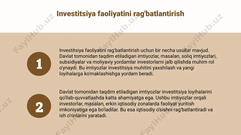 ning turlari davlat strategiyalari qisqa va uzoq muddatli bo'lishi mumkin. qisqa muddatli strategiyalar tezkor natijalarga erishish uchun, uzoq muddatli strategiyalar esa yanada barqaror rivojlanish uchun mo'ljallangan. davlatning asosiy maqsadlari davlatning asosiy maqsadlari iqtisodiy barqarorlikni ta'minlash, investitsiyalarni jalb qilish va ijtimoiy rivojlanishni qo'llab-quvvatlashdir. davlat strategiyalari va investitsiyalar davlat strategiyalari investitsiyalarni jalb qilishda muhim rol o'ynaydi. ular qisqa va uzoq muddatli bo'lib, iqtisodiy o'sishni va ijtimoiy rivojlanishni ta'minlaydi. soliq imtiyozlari soliq imtiyozlari investitsiyalarni jalb qilishda muhim rol o'ynaydi. ular tadbirkorlar uchun xarajatlarni kamaytiradi va foyda olish imkoniyatlarini oshiradi. turli turlari, masalan, daromad solig'ini kamaytirish yoki soliq ta'tillari, investorlarni jalb qilishda samaradorligini ko'rsatmoqda. infratuzilma rivojlanishi infratuzilma rivojlanishi investitsiyalarni jalb qilishda katta ahamiyatga ega. yaxshi transport va kommunikatsiya tizimlari investorlar uchun qulay sharoitlar yaratadi. bu loyihalar iqtisodiy o'sishni rag'batlantiradi va mamlakatning biznes muhitini yaxshilaydi. photo by natalya letunova on unsplash xususiy sektor bilan hamkorlik afzalliklari xususiy sektor bilan hamkorlik davlat investitsiyalarini jalb qilishda muhim …