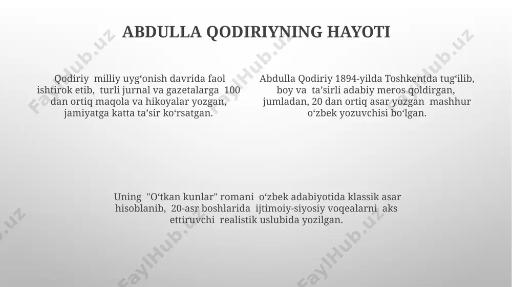 тувлари ўз даврининг адабий-бадиий услубида, реалистик тасвирлашлар билан берилган. “xotira va meros”да абдулла қодирийнинг 1917 йилдан 1923 йилгача бўлган ҳаёти, яъни совет даври бошланишигача бўлган мураккаб сиёсий ва ижтимоий воқеалар тасвирланган. "o'tkan kunlar"ning ahamiyati asarda tasvirlangan xarakterlarning murakkabligi va psixologik chuqurligi "o'tkan kunlar"ni o'zbek romanistikasining eng muhim yutuqlaridan biriga aylantiradi, bu uning 20-asr adabiyotiga ta'sirini ko'rsatadi. "o'tkan kunlar" 1900-yillarning boshidagi o'zbek jamiyatining ijtimoiy-madaniy hayotiga chuqur kirib boradi, feodalizmning parchalanishi va yangi g'oyalarning paydo bo'lishini realistik tarzda aks ettiradi. roman, 100 yildan ortiq vaqt davomida o'zbek adabiyotining klassikasi sifatida qoladi va turli avlodlar uchun o'zining dolzarbligini saqlab kelmoqda, bu uning badiiy sifati va ahamiyatini ko'rsatadi. e'tiboringiz uchun rahmat @taqdimot_robot image1.png image2.png image3.png